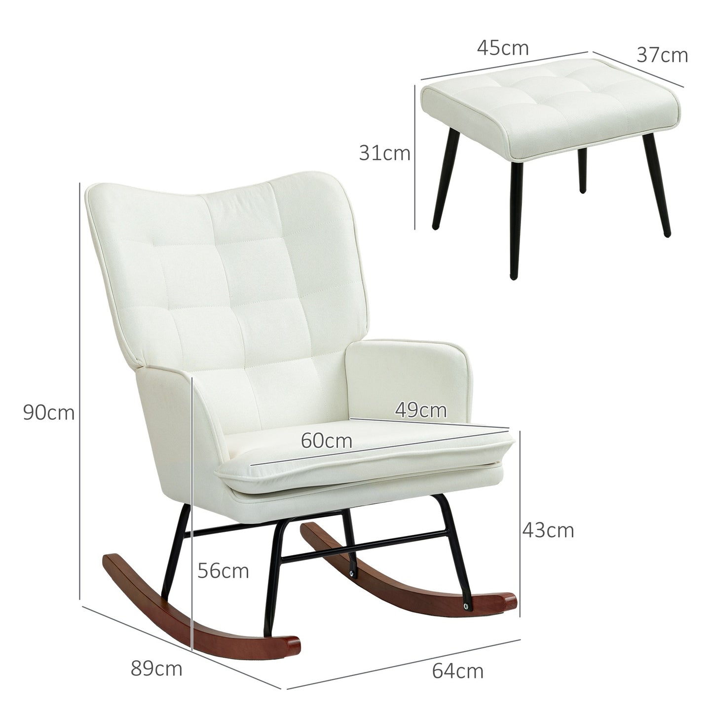 Rocking chair with stool, linen look, supports 130 kg