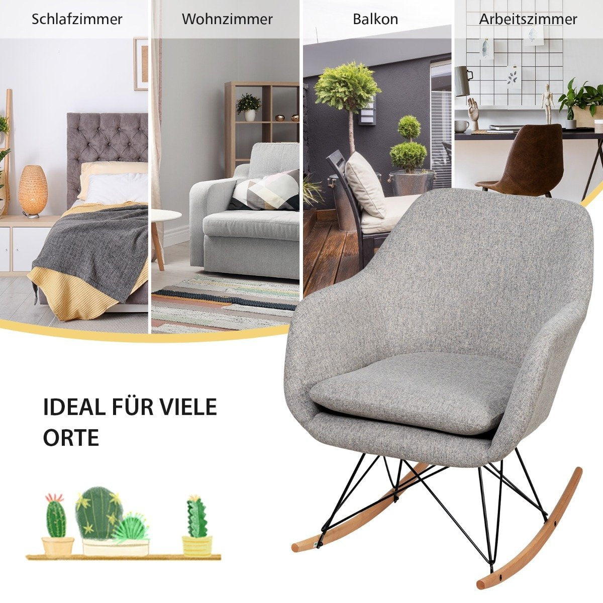 Rocking chair with high ergonomic backrest & integrated armrest nursing chair relaxation chair upholstered gray