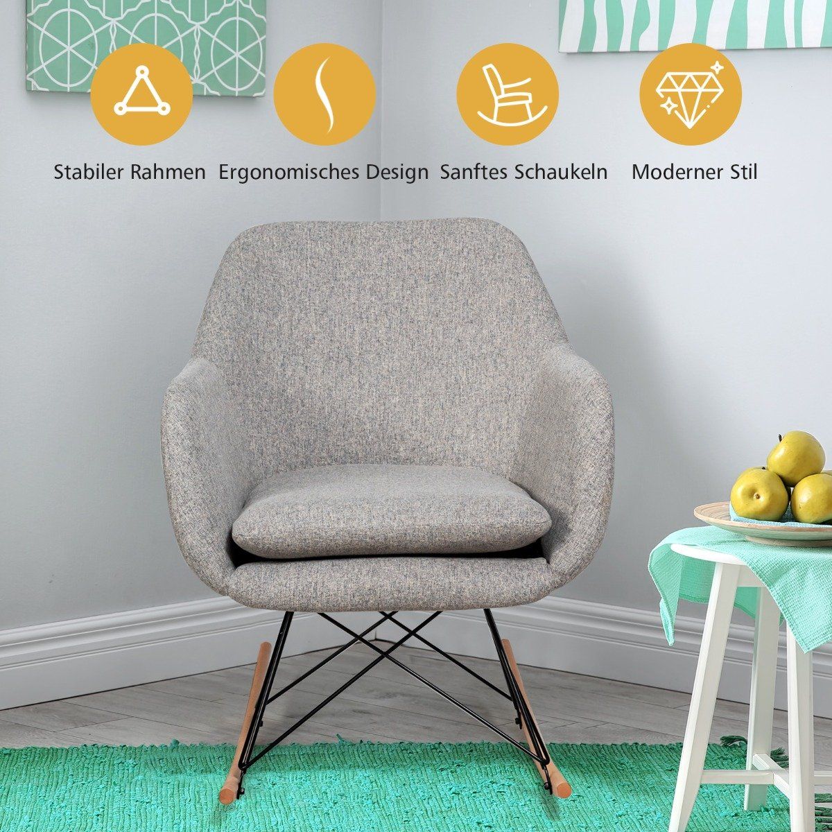 Rocking chair with high ergonomic backrest & integrated armrest nursing chair relaxation chair upholstered gray