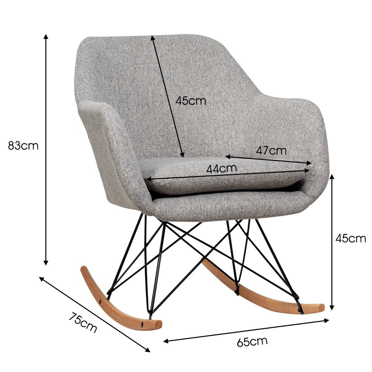 Rocking chair with high ergonomic backrest & integrated armrest nursing chair relaxation chair upholstered gray
