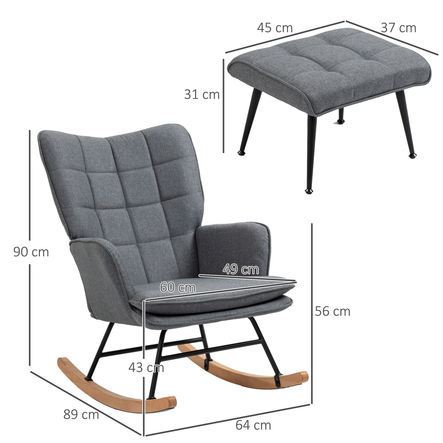 Rocking chair with linen look, 130 kg capacity, plus stool
