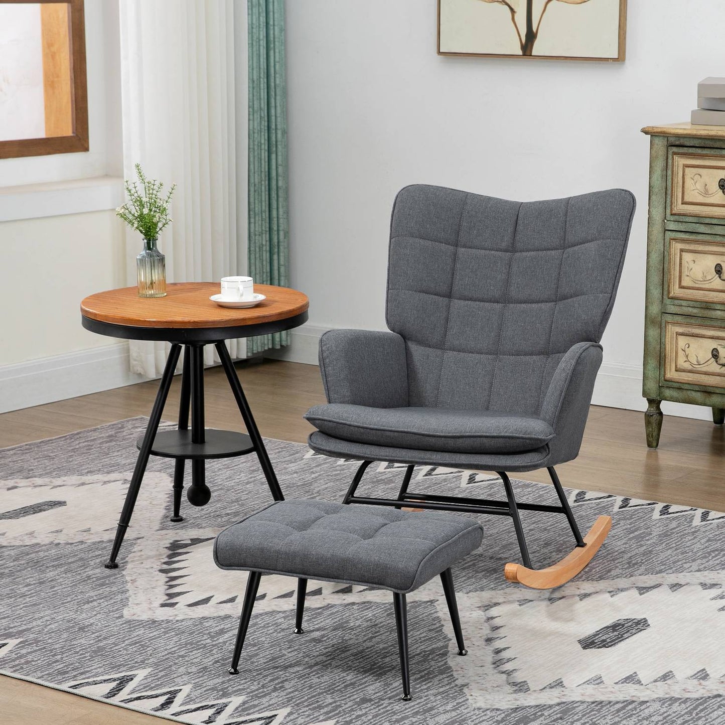 Rocking chair with linen look, 130 kg capacity, plus stool
