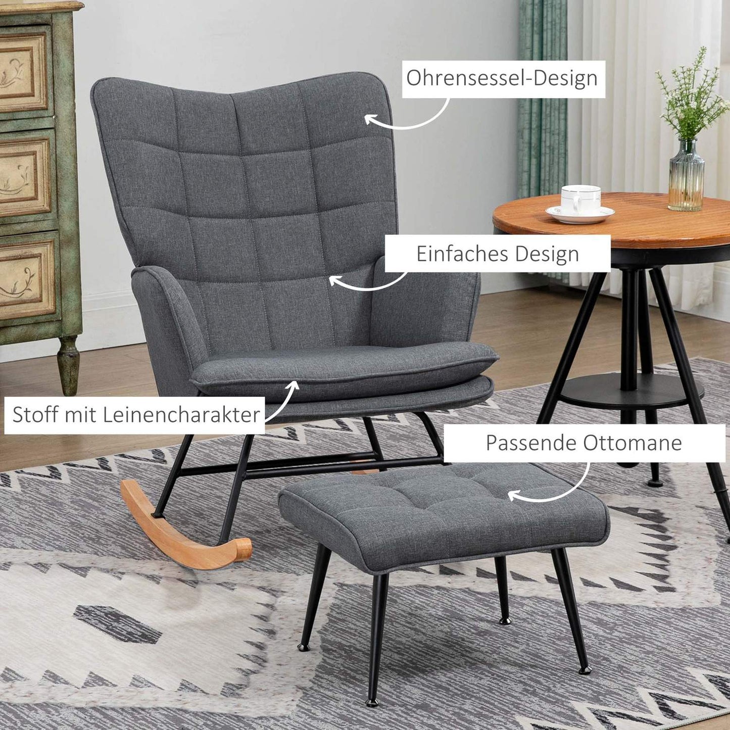Rocking chair with linen look, 130 kg capacity, plus stool