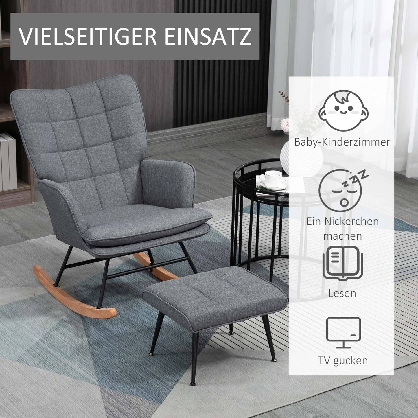 Rocking chair with linen look, 130 kg capacity, plus stool