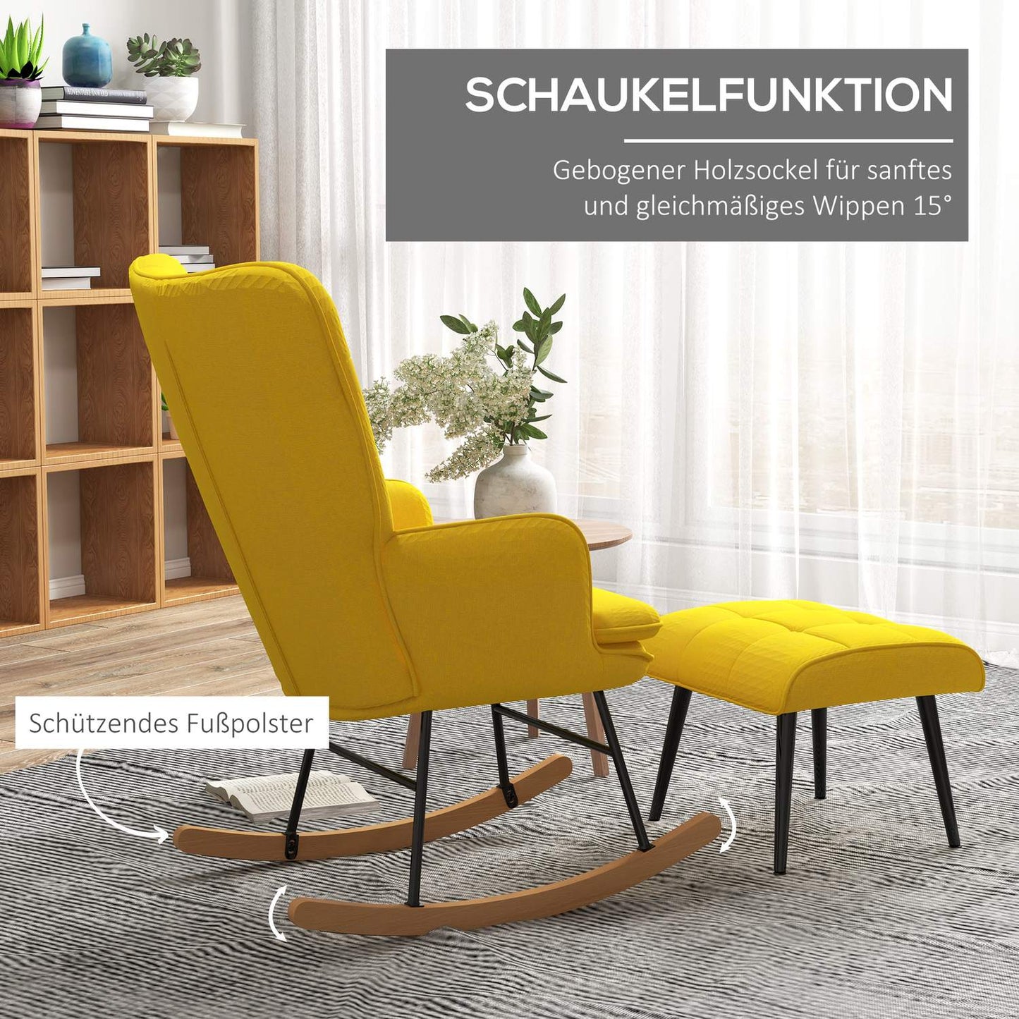 Beige rocking chair in linen look with ottoman, 130 kg Capacity