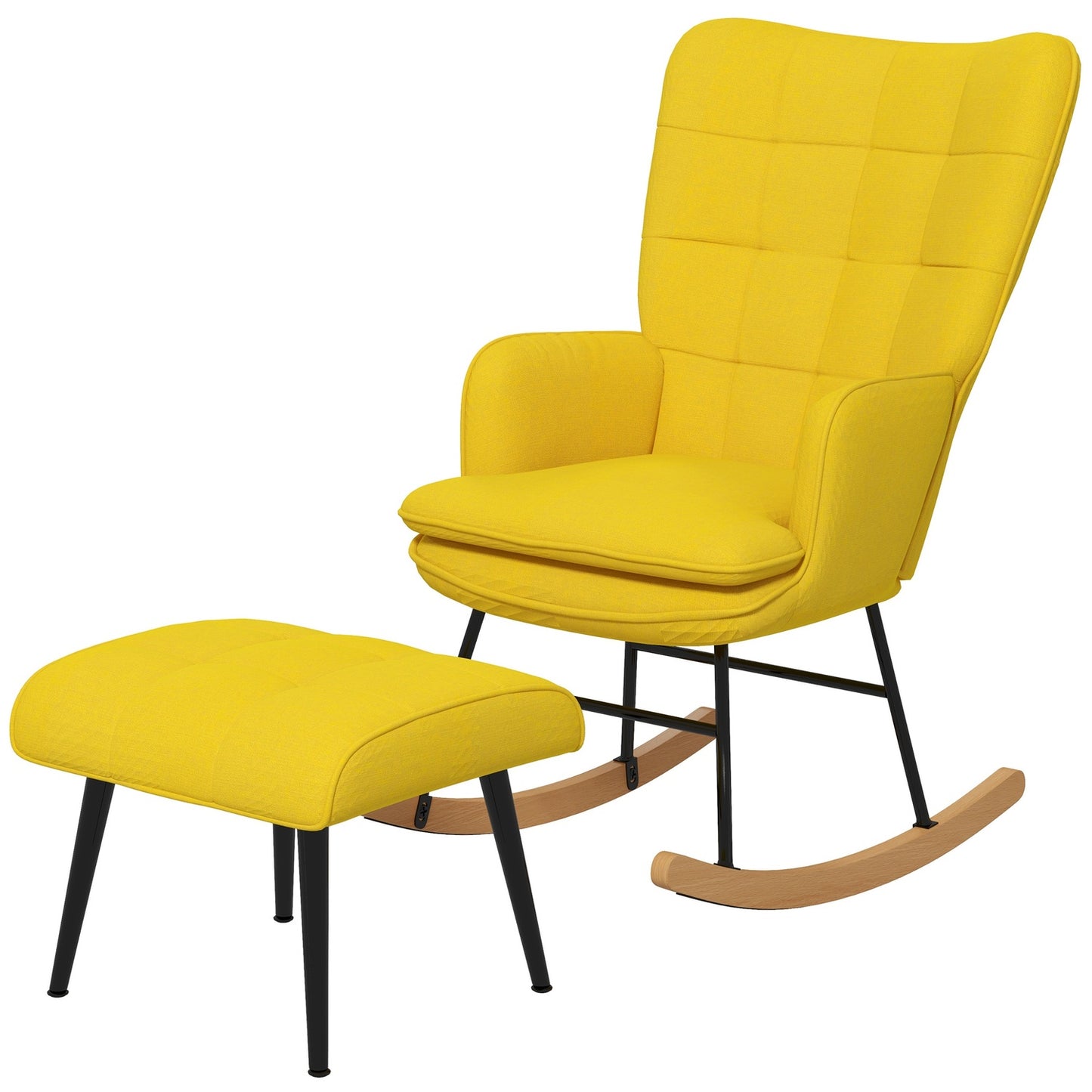 Beige rocking chair in linen look with ottoman, 130 kg Capacity
