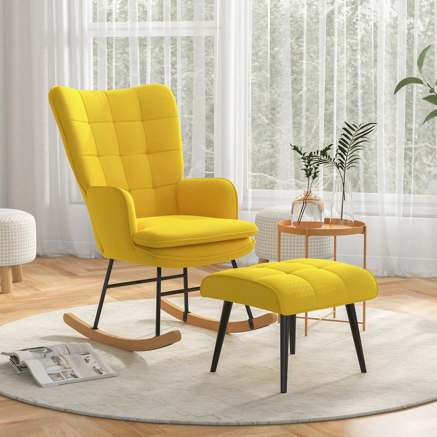 Beige rocking chair in linen look with ottoman, 130 kg Capacity