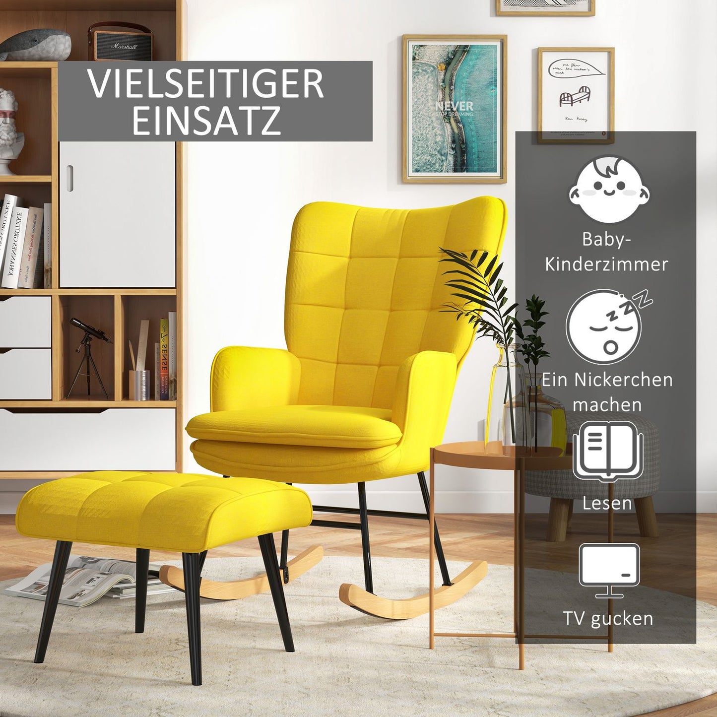 Beige rocking chair in linen look with ottoman, 130 kg Capacity