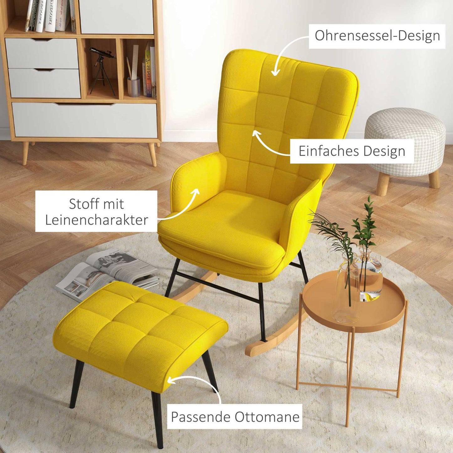 Beige rocking chair in linen look with ottoman, 130 kg Capacity