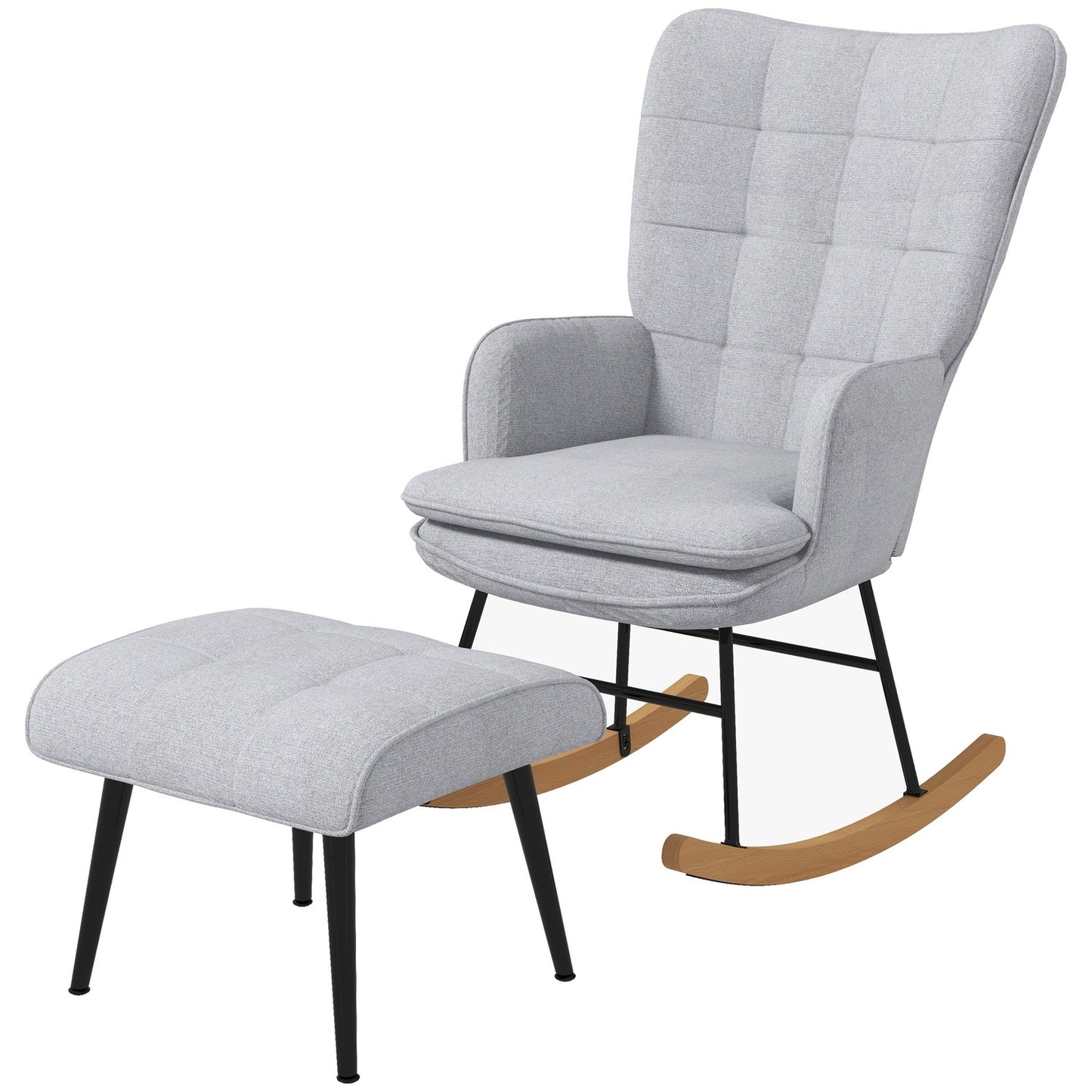 Light gray rocking chair in linen look with stool, 130 kg Capacity