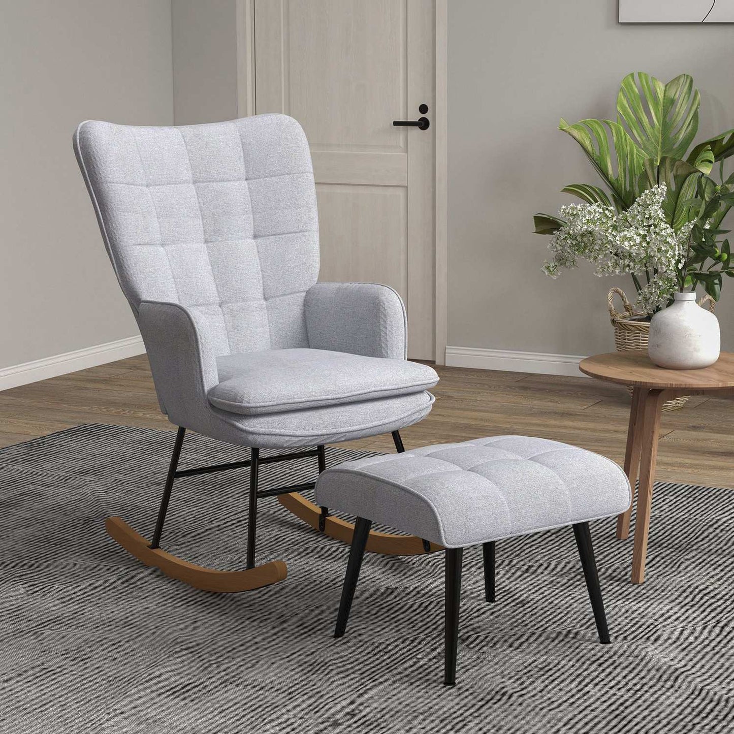 Light gray rocking chair in linen look with stool, 130 kg Capacity
