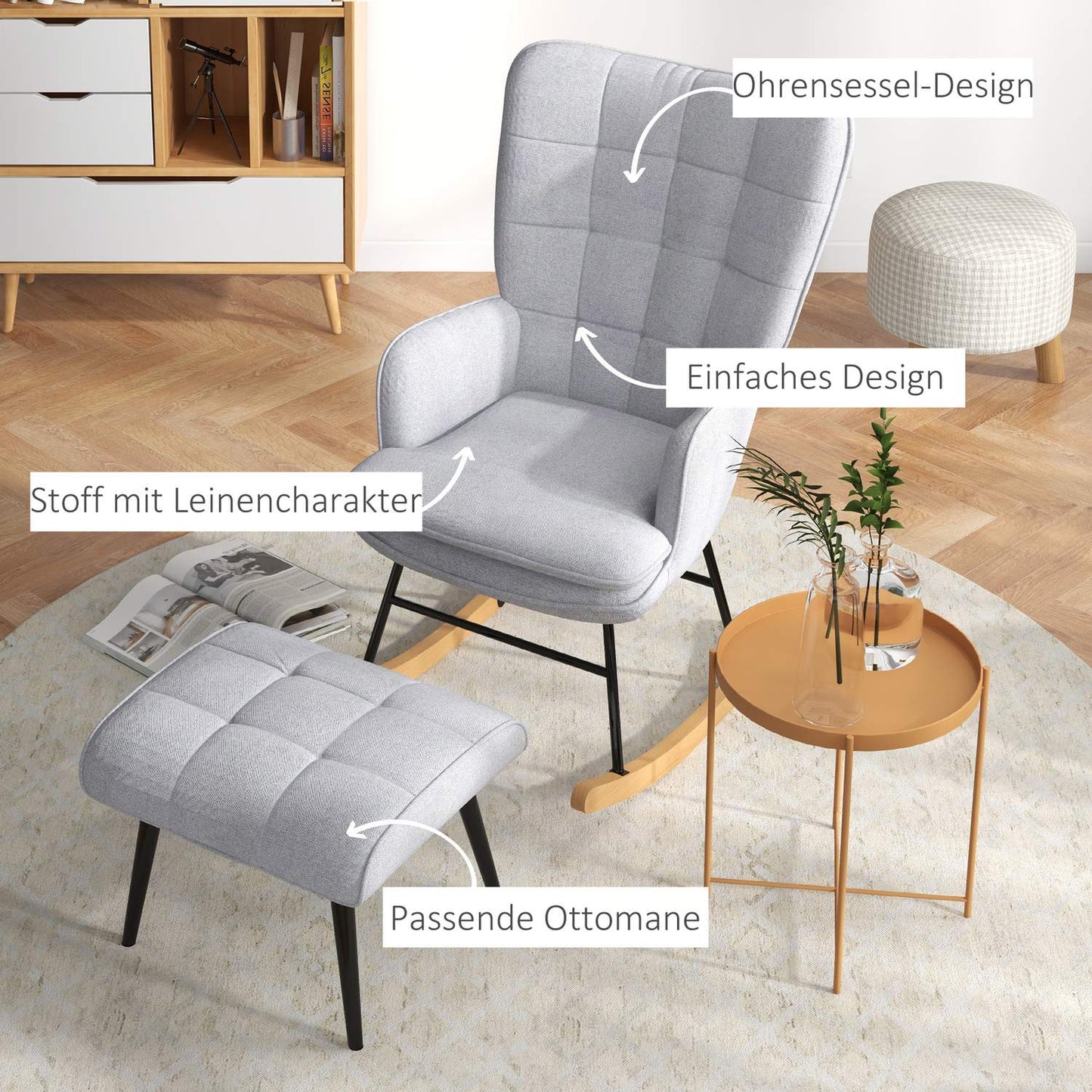 Light gray rocking chair in linen look with stool, 130 kg Capacity