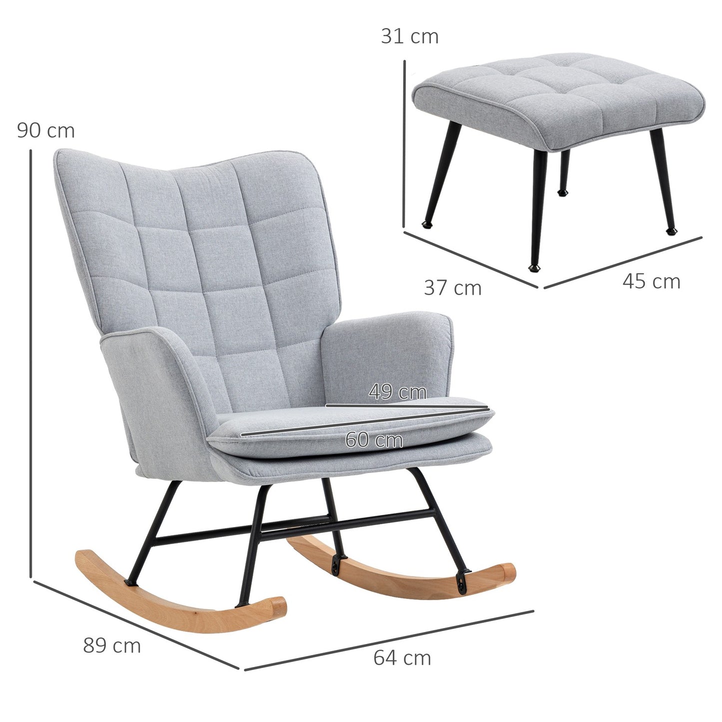 Light gray rocking chair in linen look with stool, 130 kg Capacity
