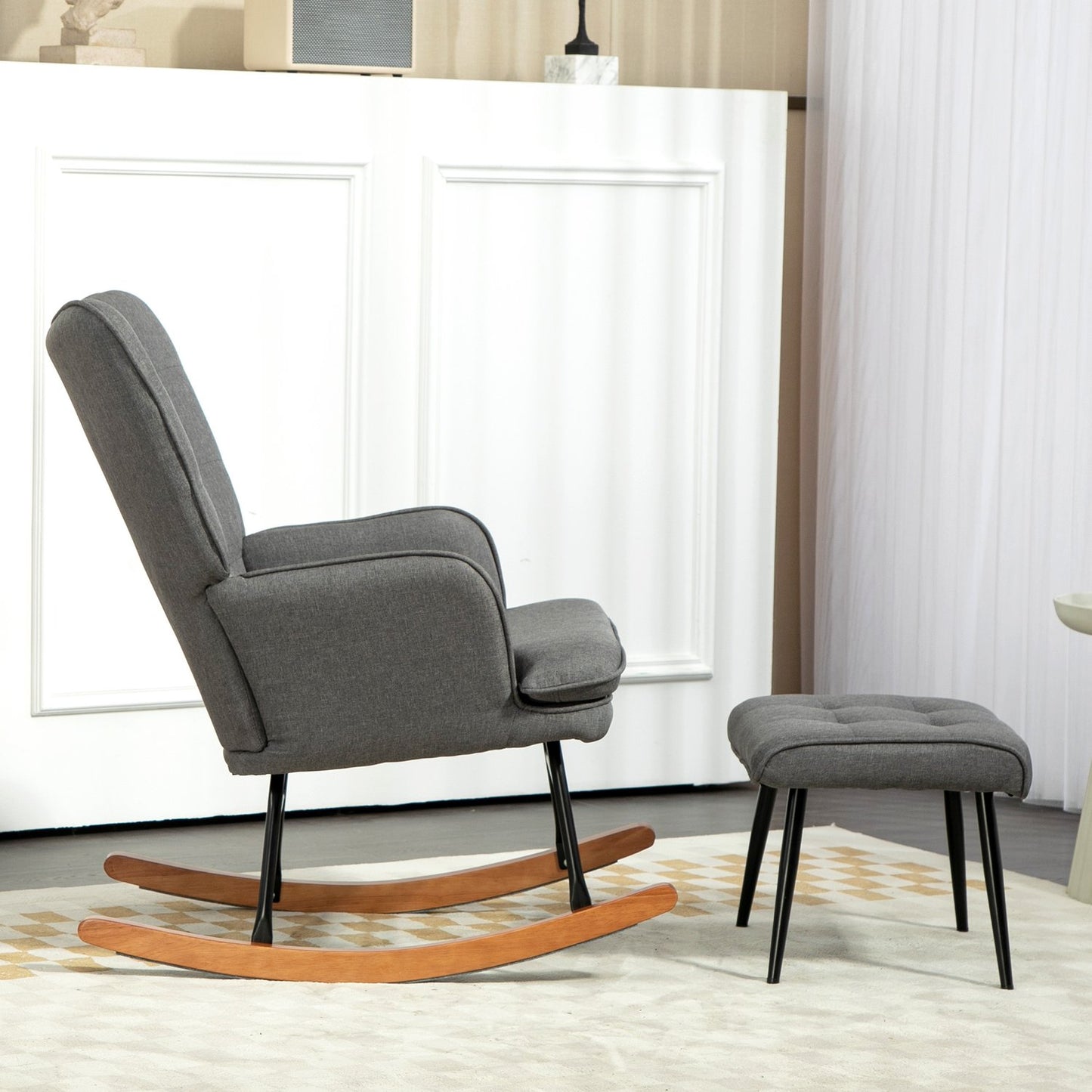 Rocking chair with stool - Linen look, 130 kg Capacity