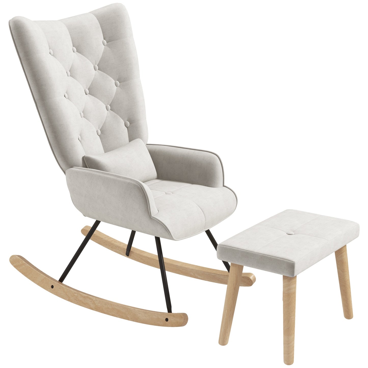 Rocking chair in velvet with cushion and stool, cream white