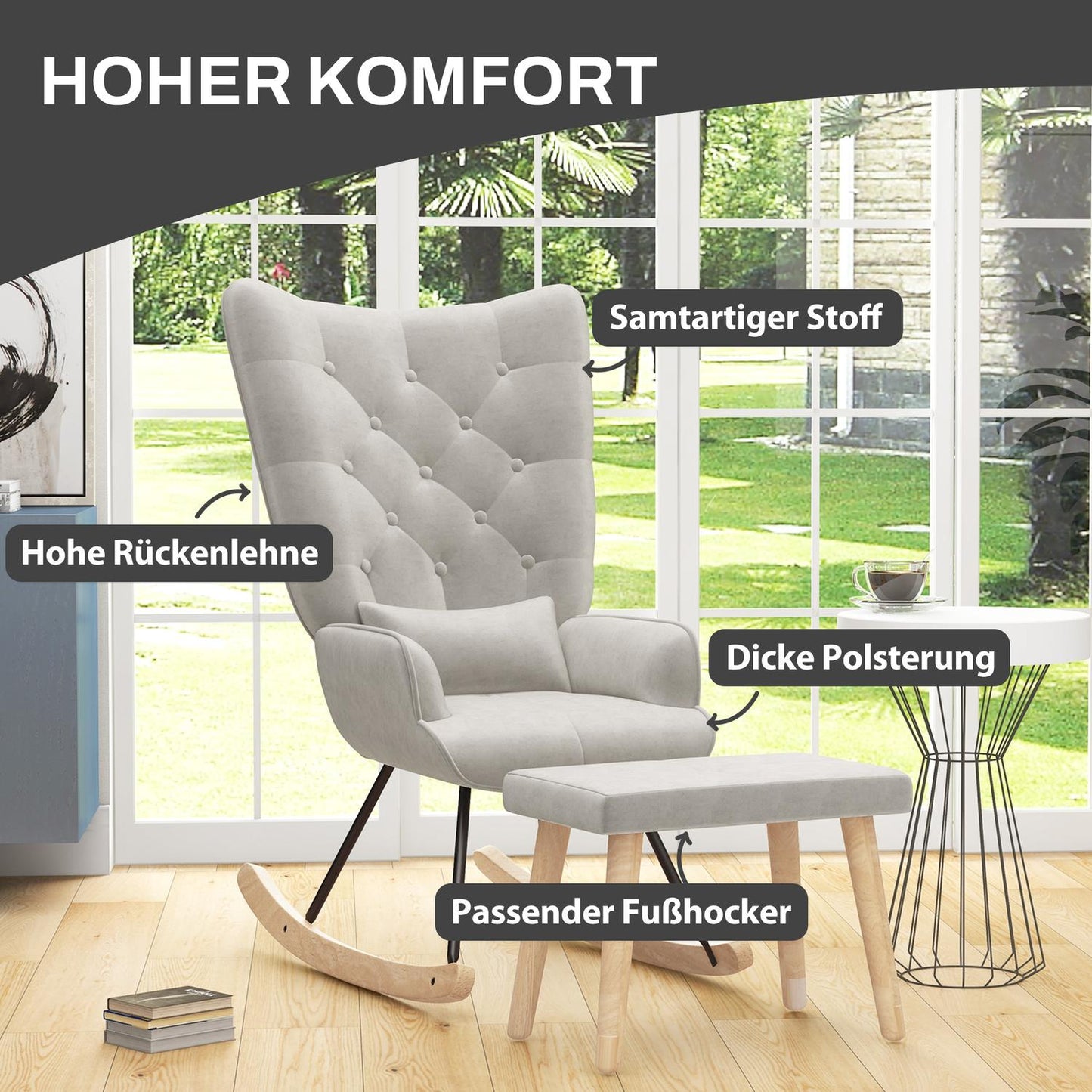 Rocking chair in velvet with cushion and stool, cream white