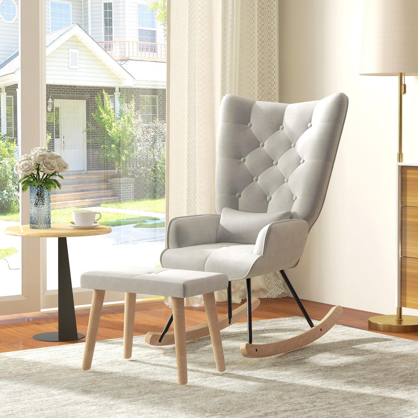 Rocking chair in velvet with cushion and stool, cream white