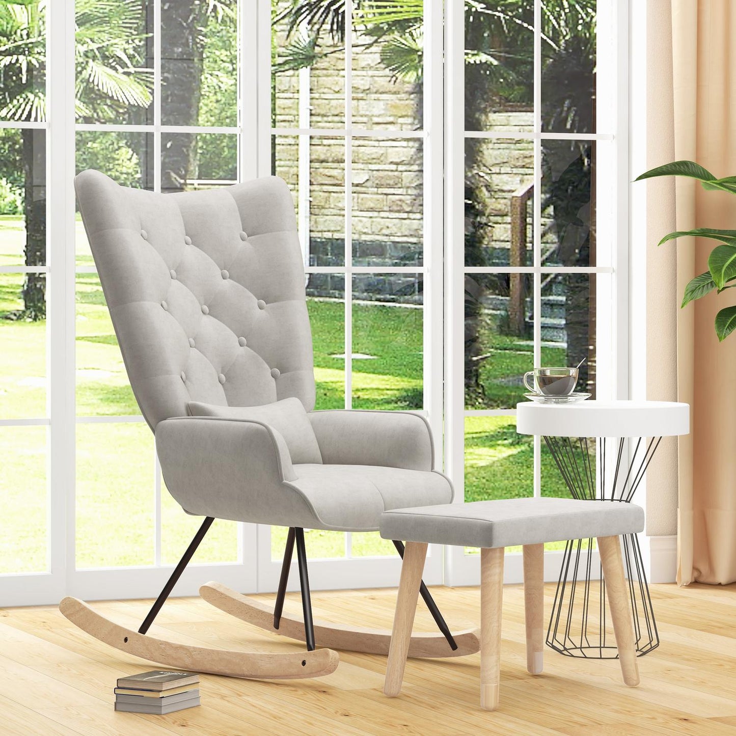 Rocking chair in velvet with cushion and stool, cream white