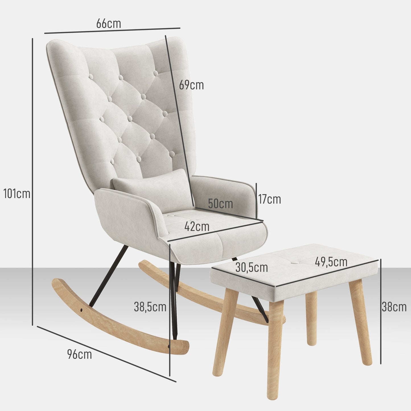 Rocking chair in velvet with cushion and stool, cream white