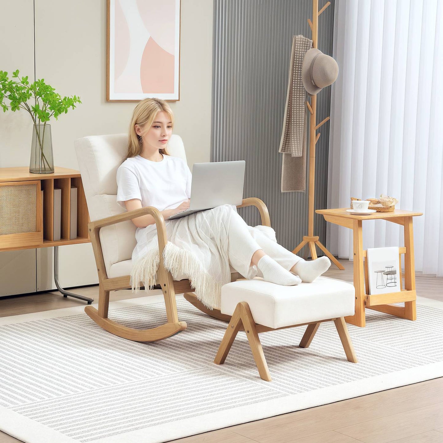 Rocking chair in cream white linen look with stool - 150 kg capacity