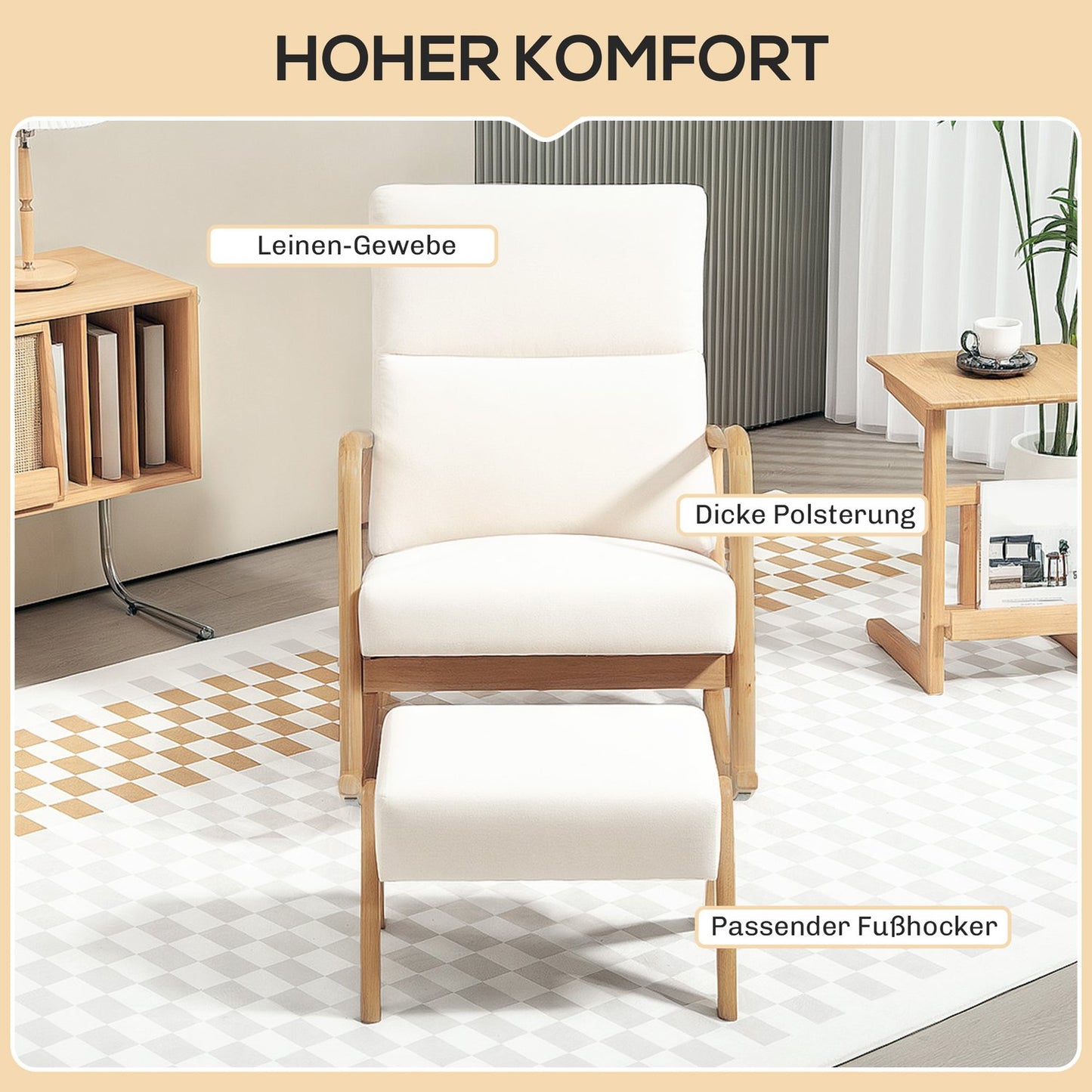 Rocking chair in cream white linen look with stool - 150 kg capacity