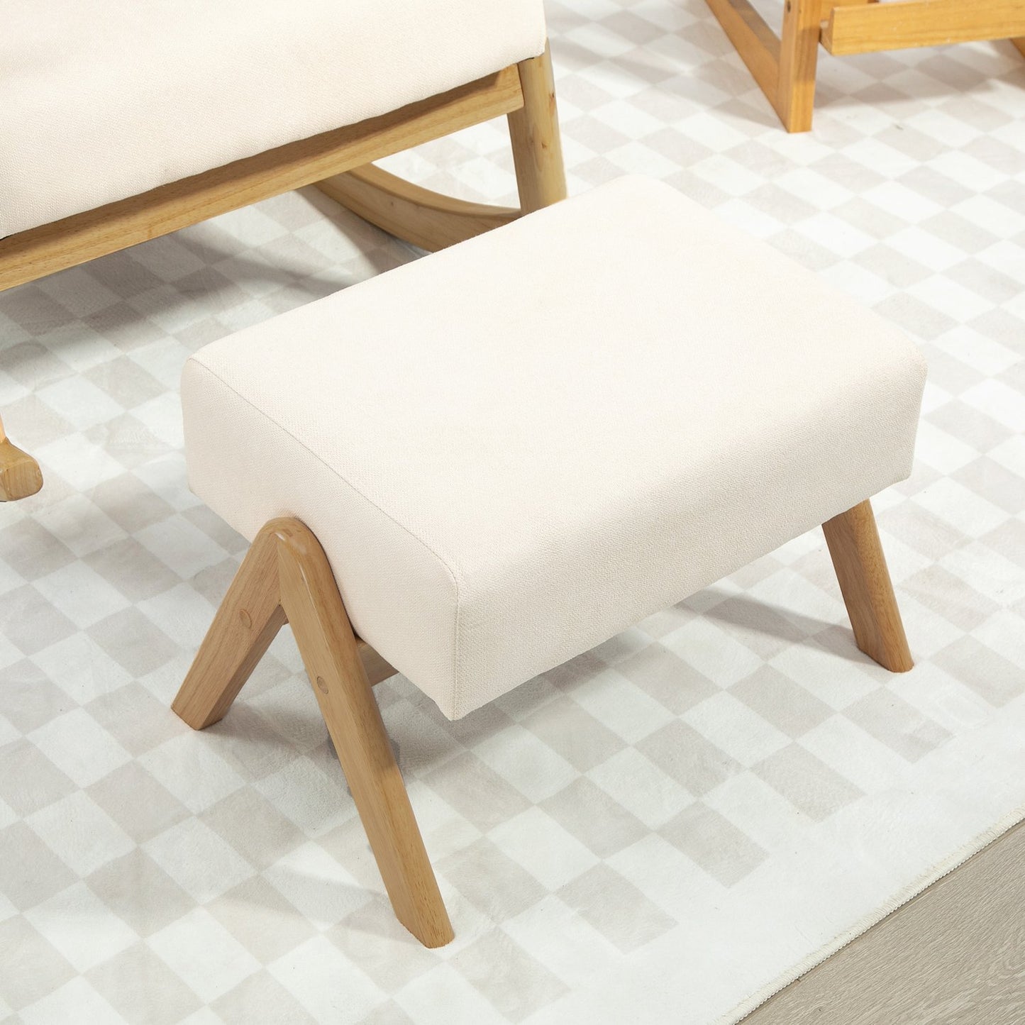 Rocking chair in cream white linen look with stool - 150 kg capacity
