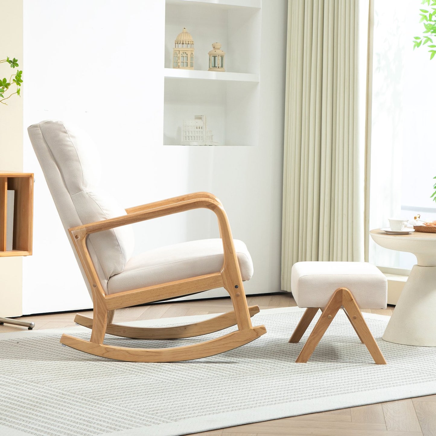 Rocking chair in cream white linen look with stool - 150 kg capacity