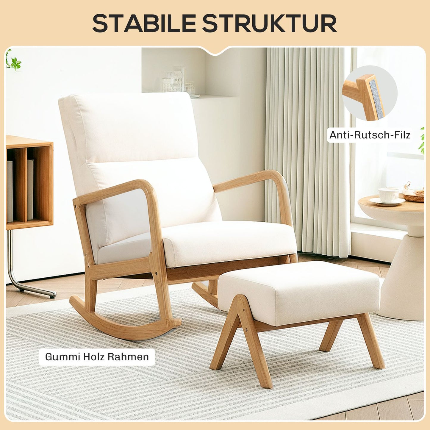 Rocking chair in cream white linen look with stool - 150 kg capacity