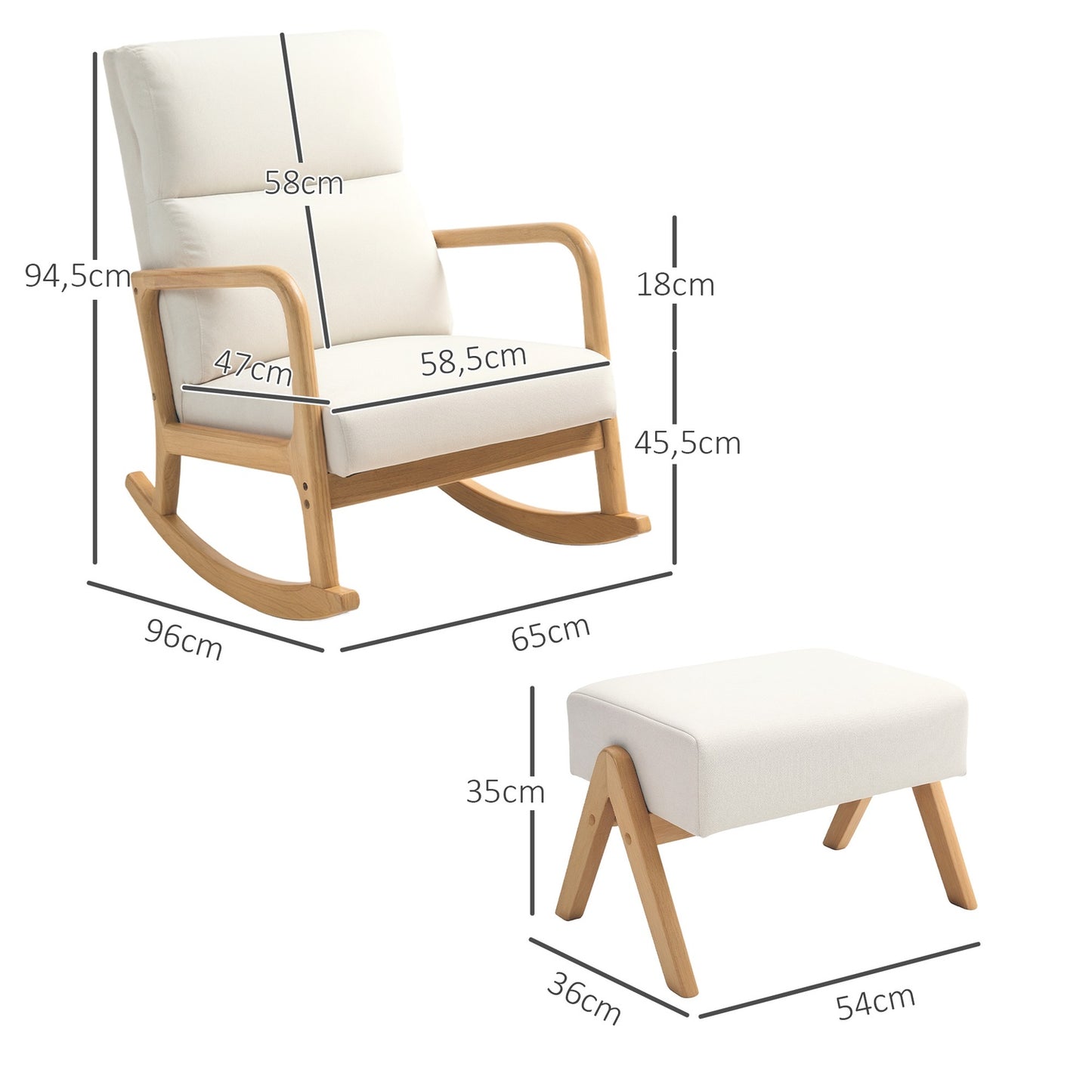 Rocking chair in cream white linen look with stool - 150 kg capacity