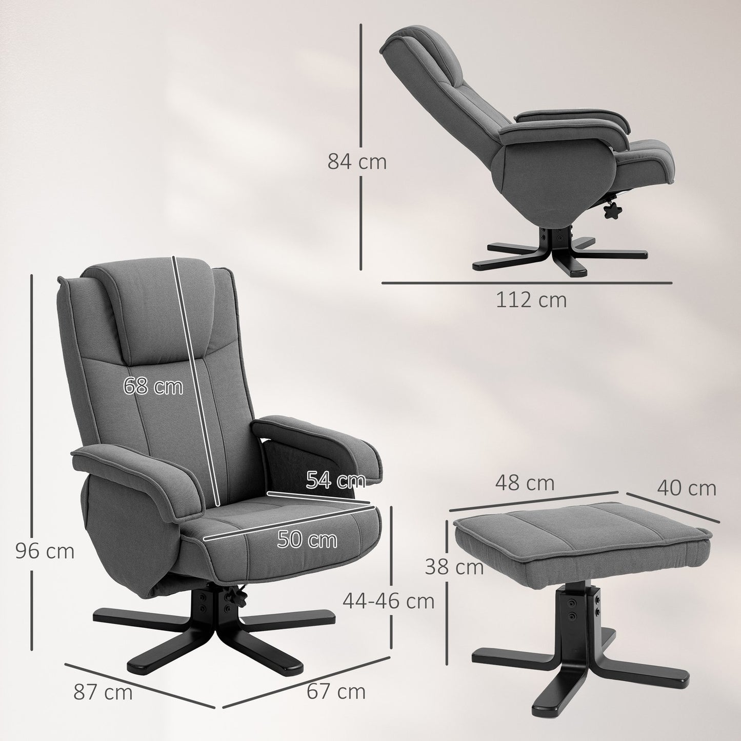 Recliner Chair with Footstool, Velvet-Look, Swivel, Grey