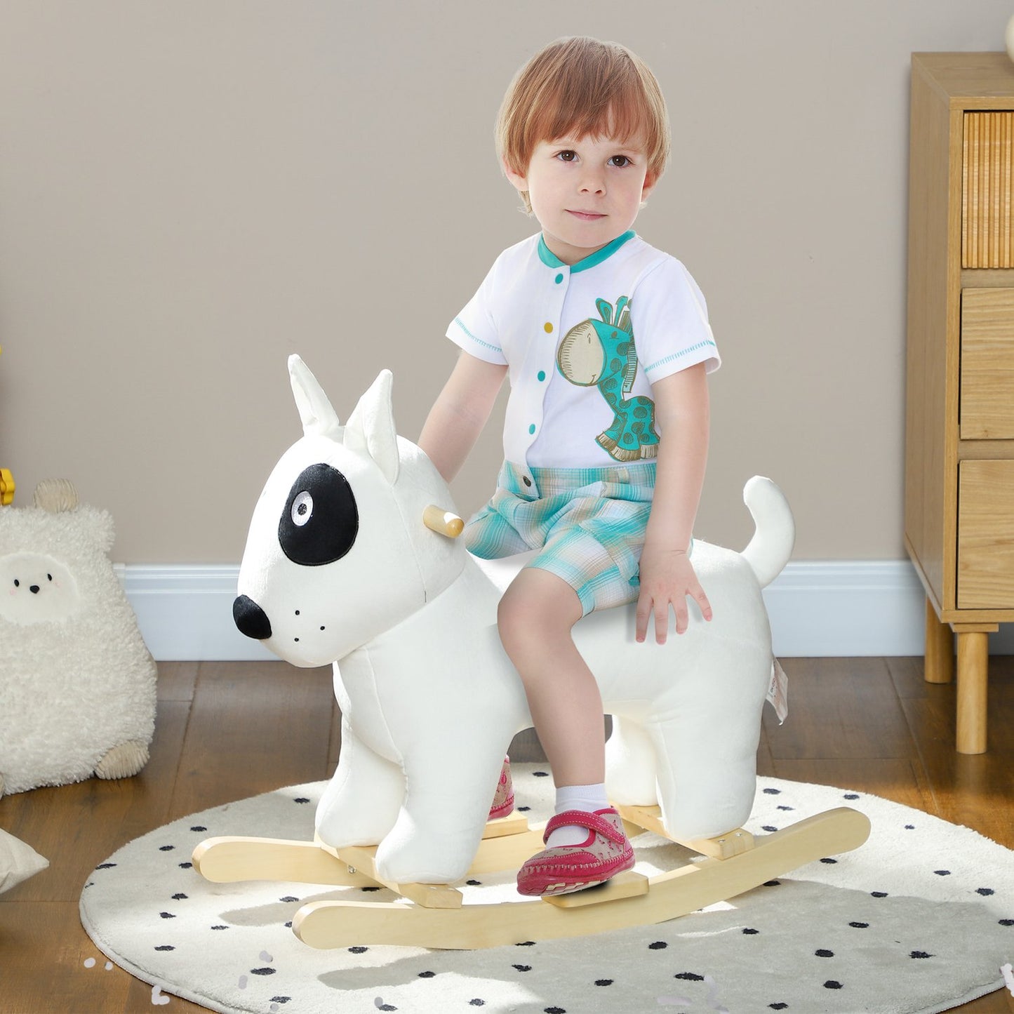 Plush rocking dog toy with sound, wooden base, ages 2-4