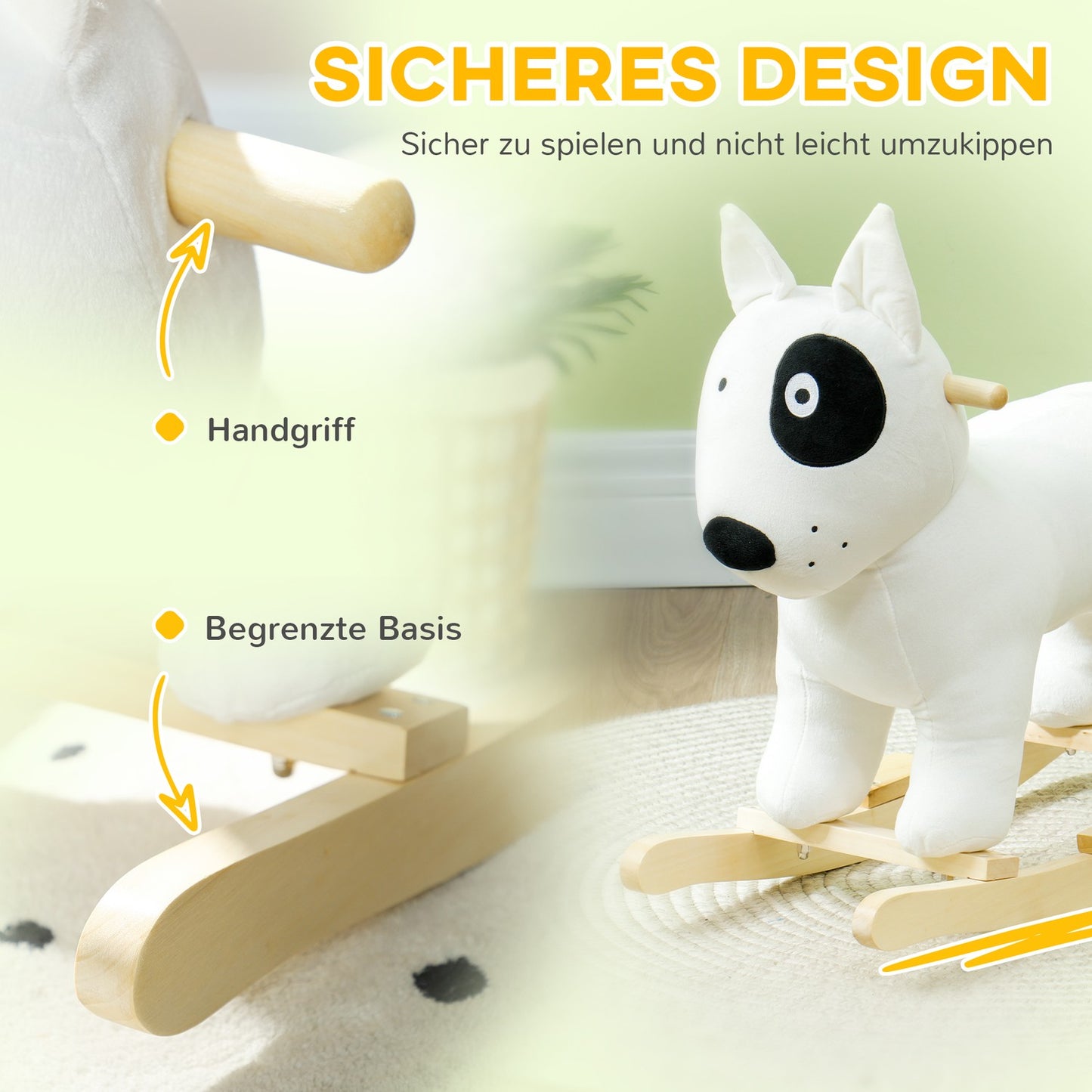 Plush rocking dog toy with sound, wooden base, ages 2-4