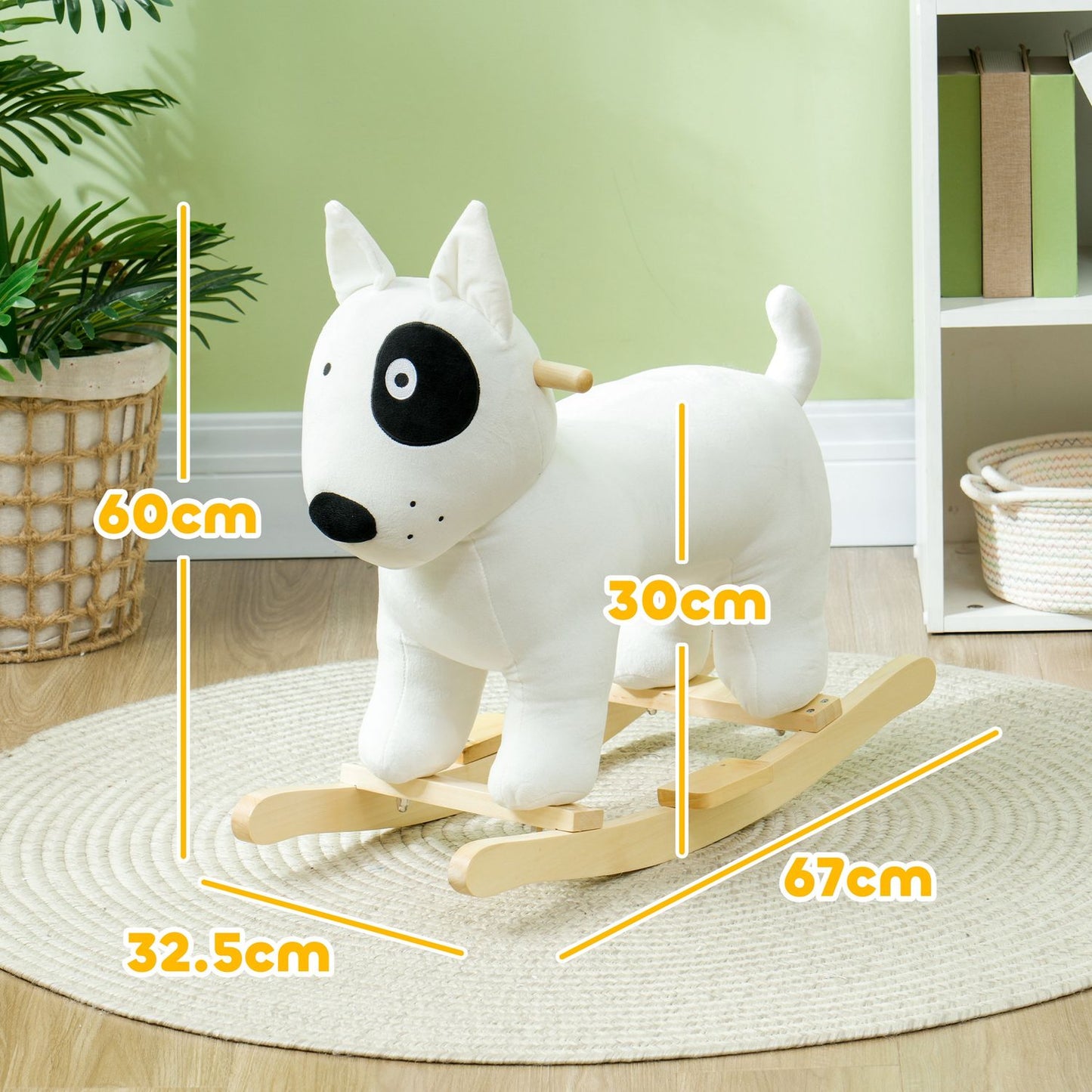 Plush rocking dog toy with sound, wooden base, ages 2-4
