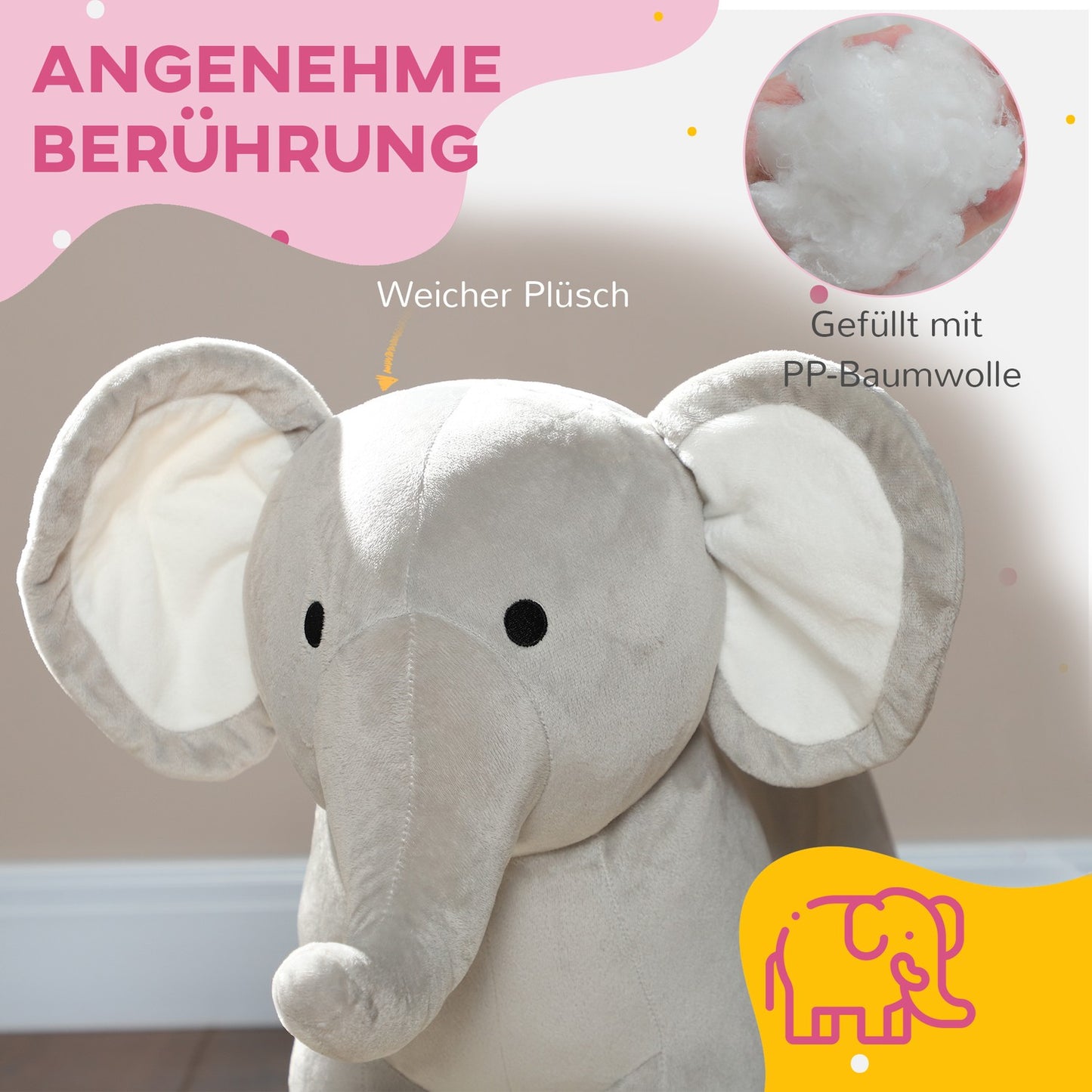 Swing toy with gray plush elephant with sound for ages 2-4