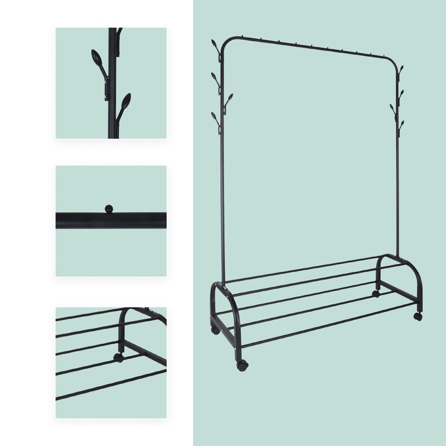 Rollable Iron Clothing Rack with 2 Shelves