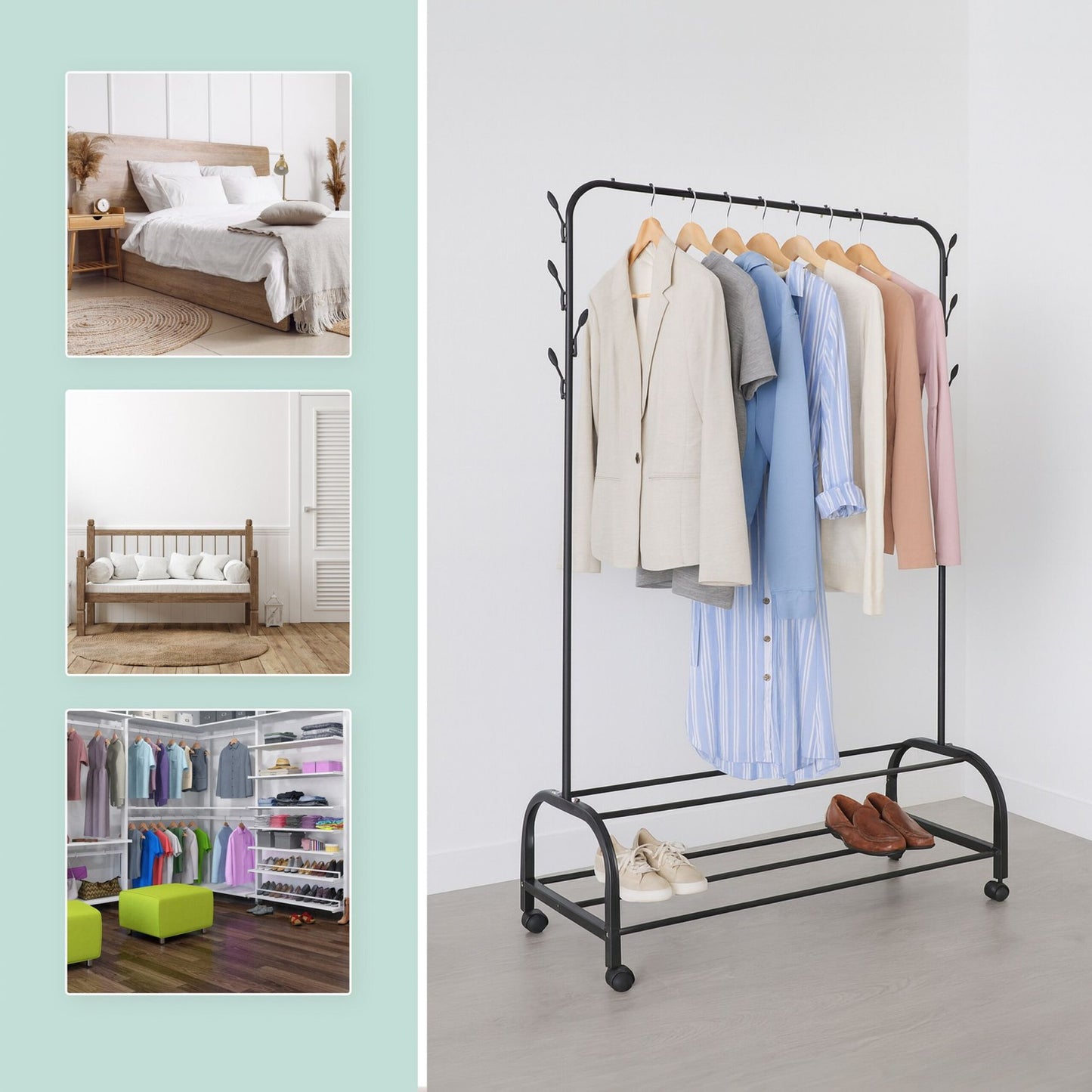 Rollable Iron Clothing Rack with 2 Shelves and Hooks