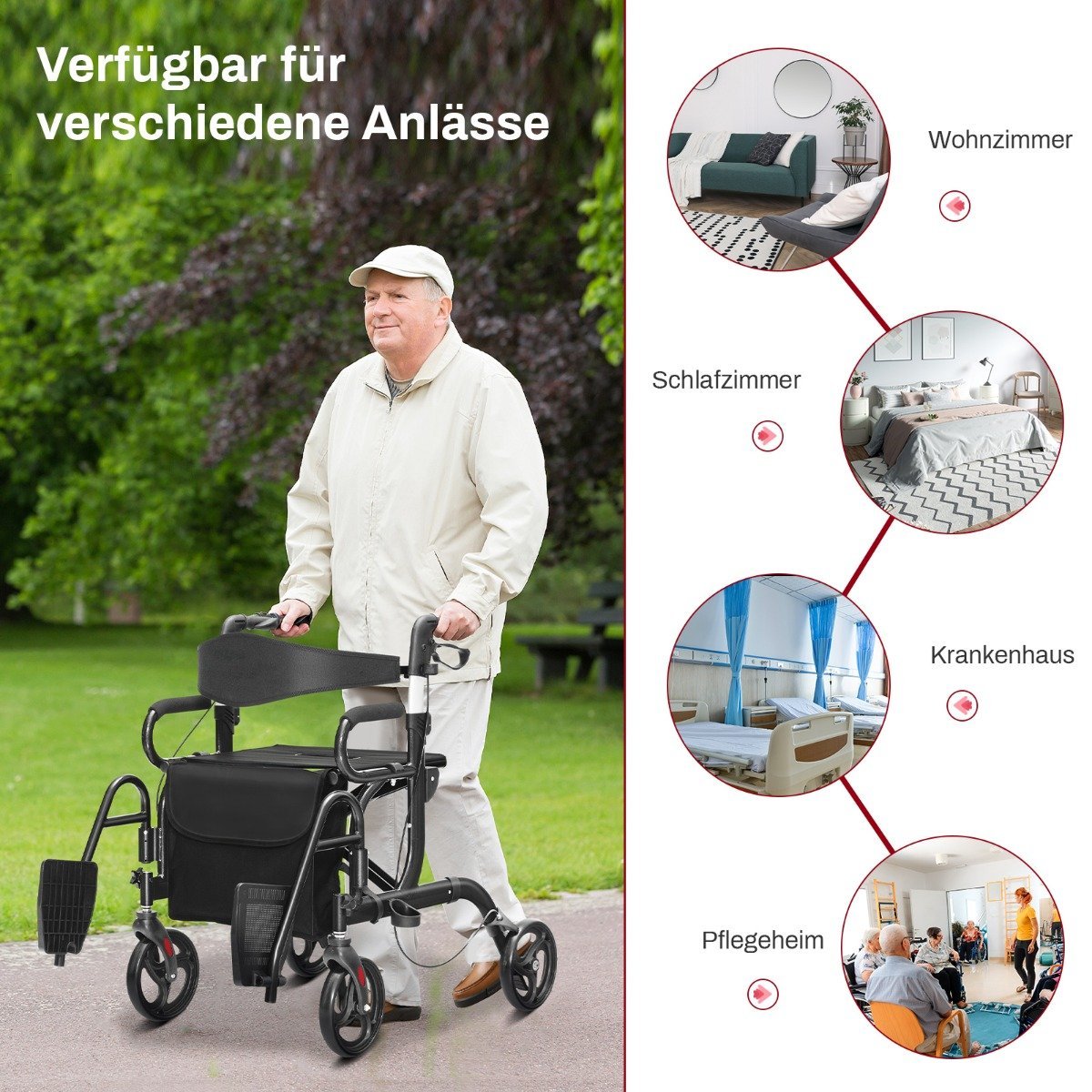 Rollator foldable and lightweight with seat 2 in 1 wheelchair & travel rollator walking aid 6-way height adjustable