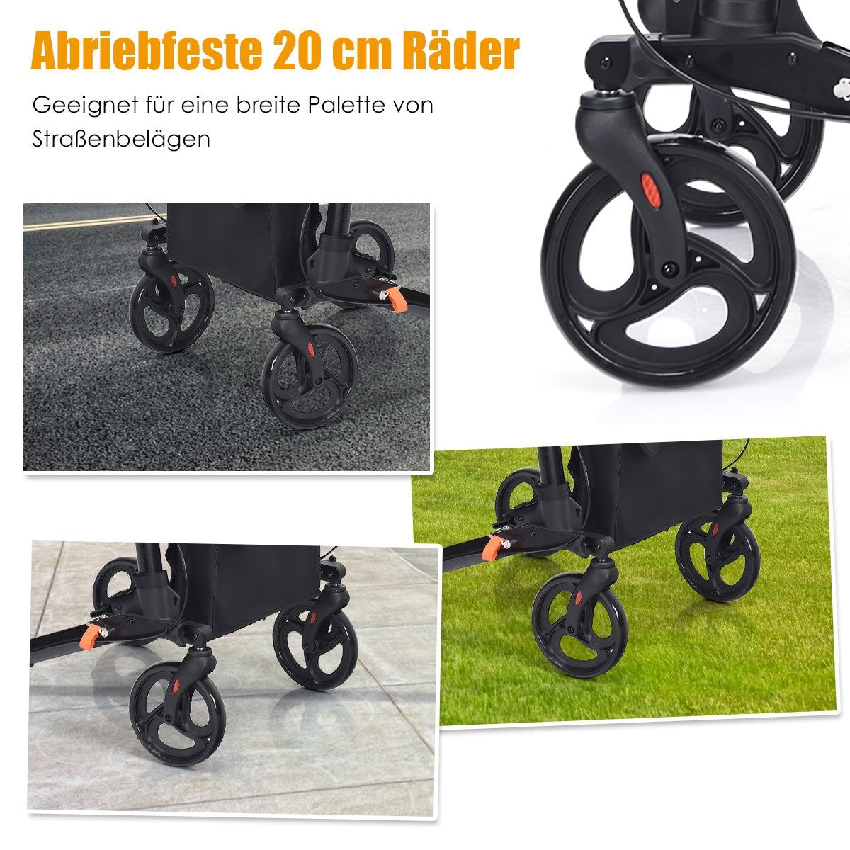 Rollator, foldable travel rollator, lightweight with seat, height-adjustable handle and bag, black