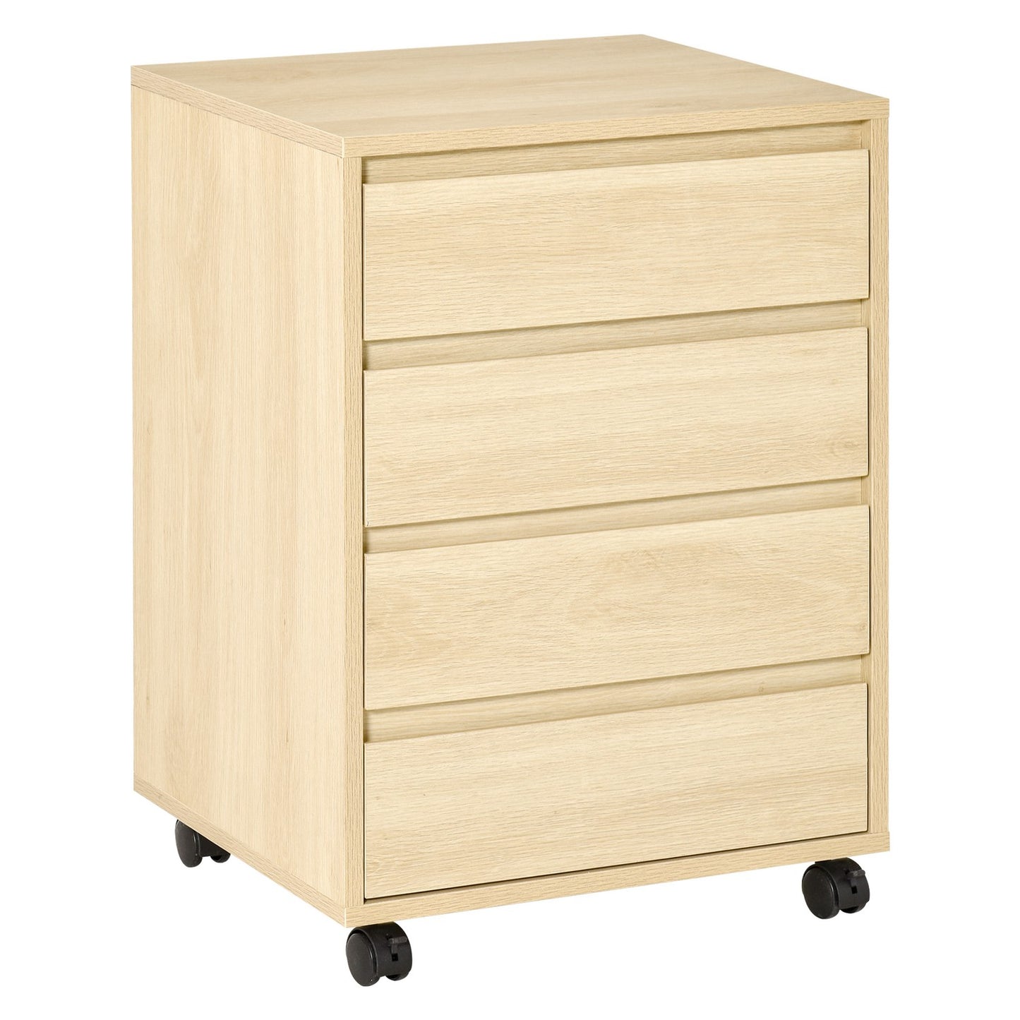 Office file cabinet with wheels, 4 drawers, natural finish