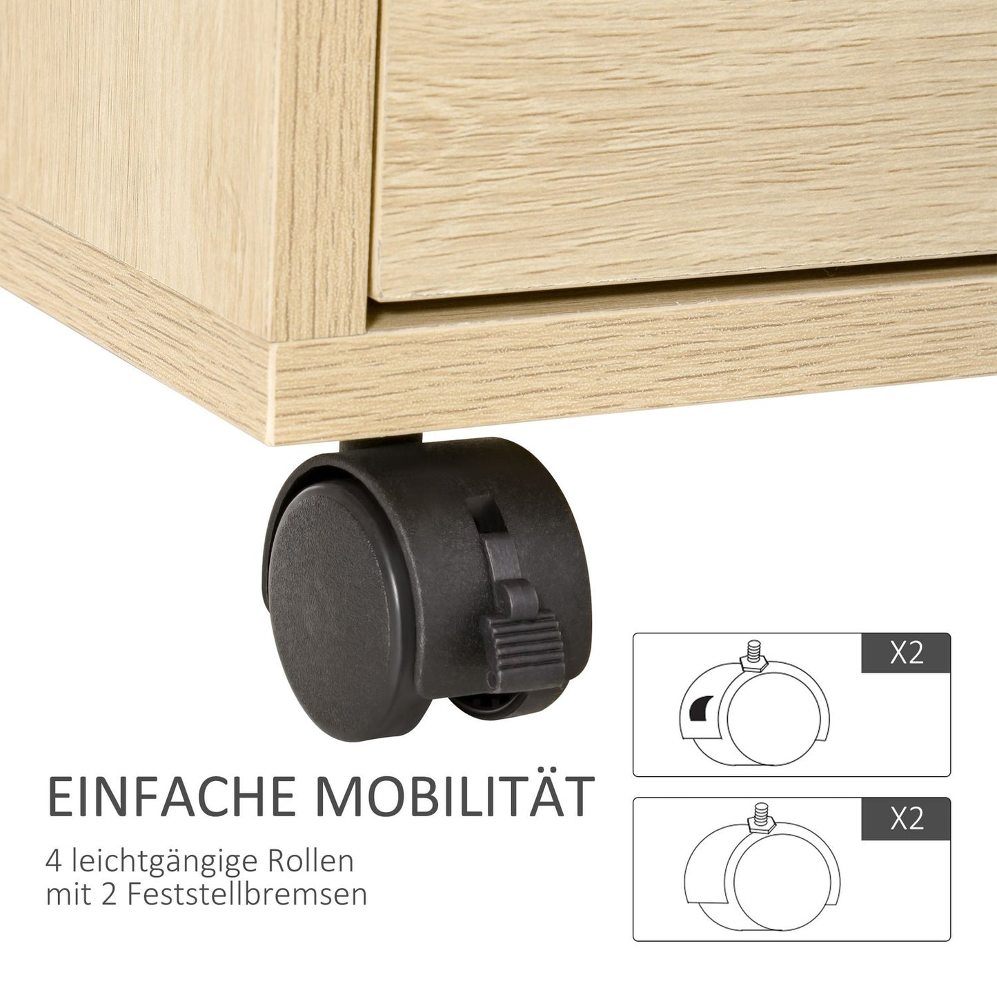 Office file cabinet with wheels, 4 drawers, natural finish