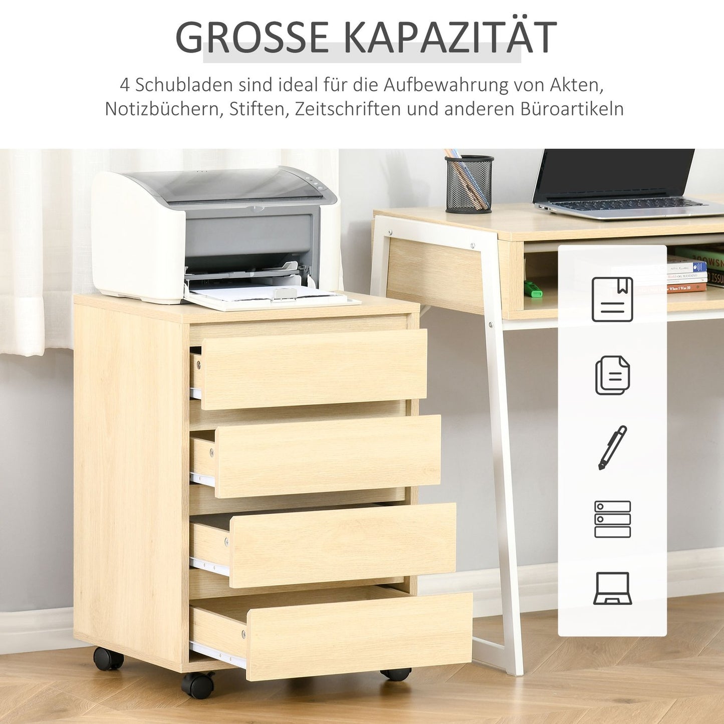 Office file cabinet with wheels, 4 drawers, natural finish