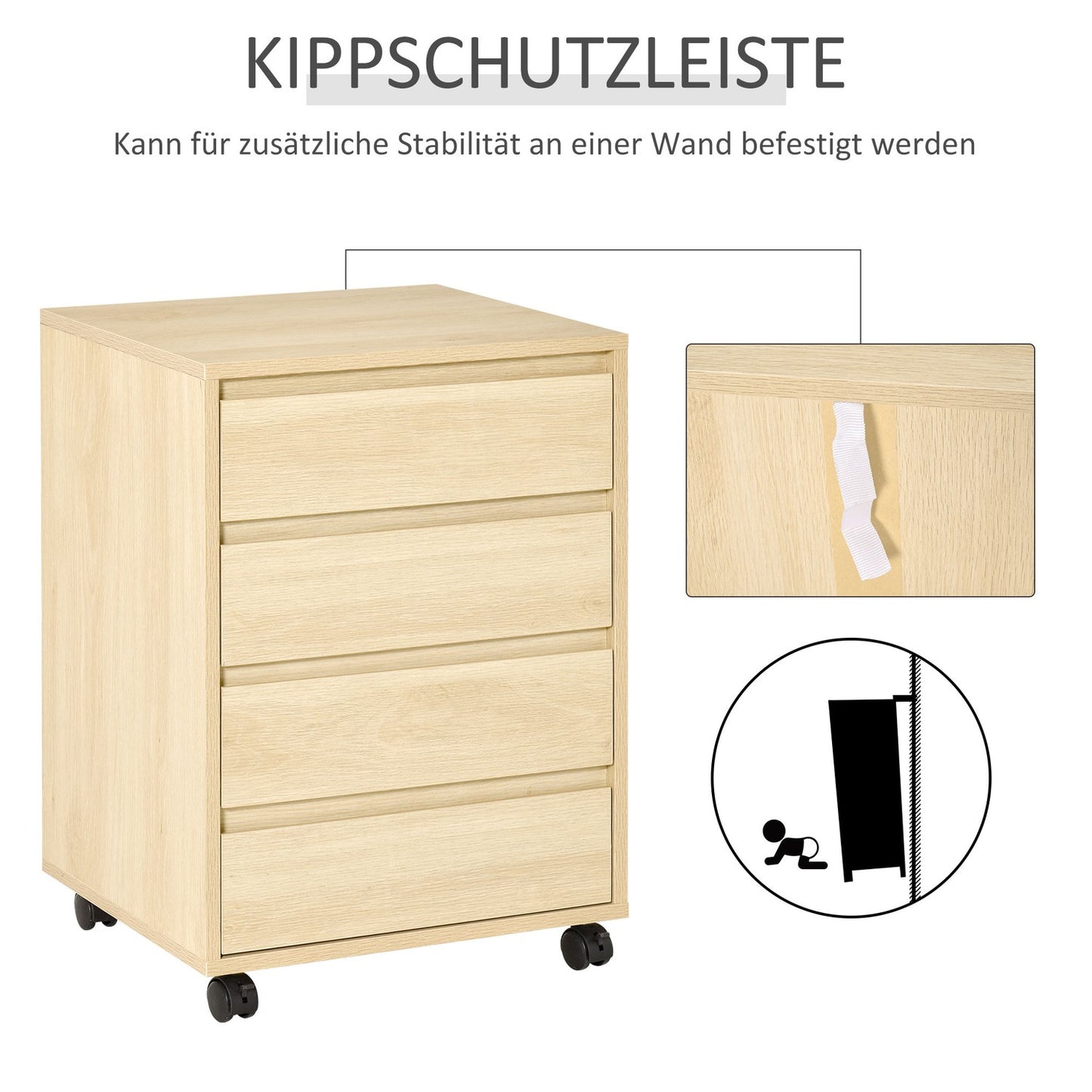 Office file cabinet with wheels, 4 drawers, natural finish