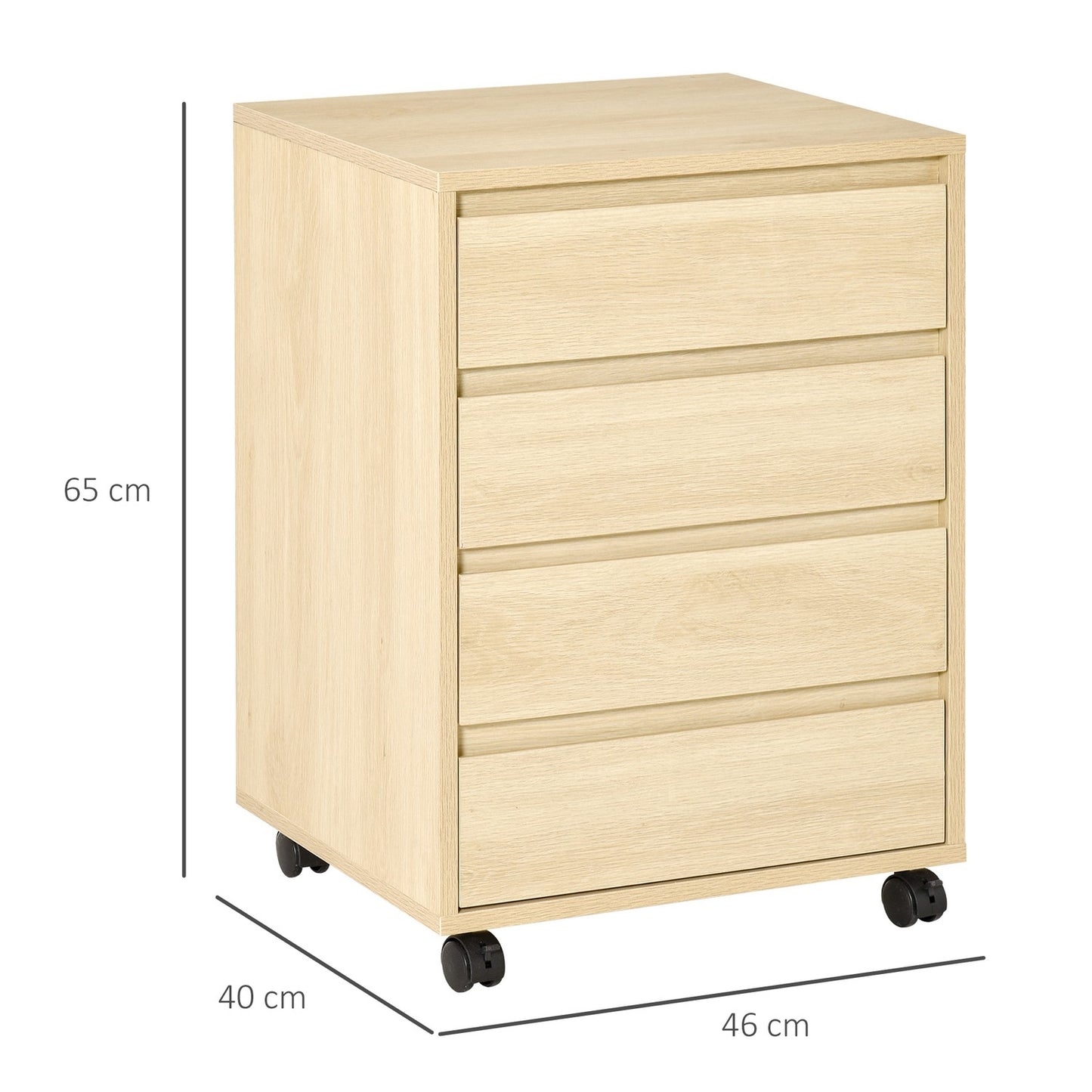 Office file cabinet with wheels, 4 drawers, natural finish