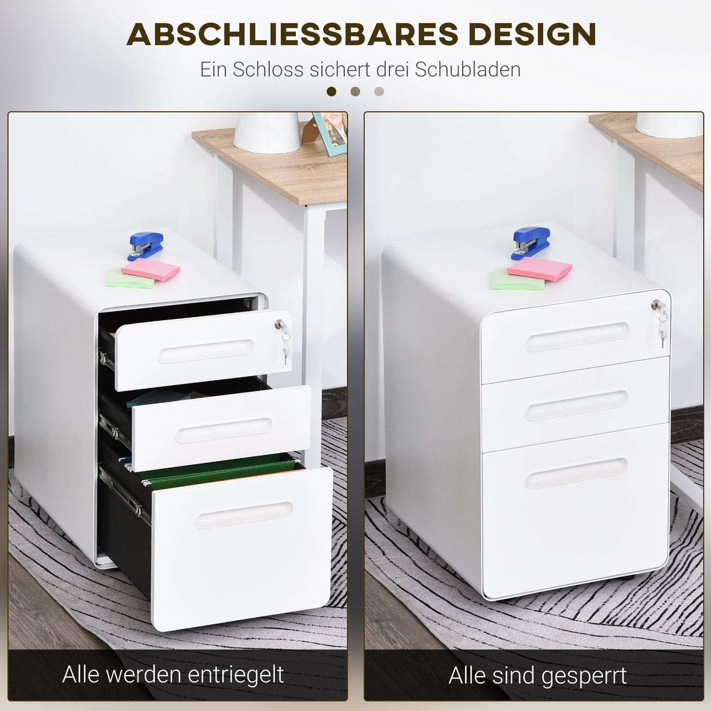 Office filing cabinet - 3-drawer steel, white, 39x48x59cm