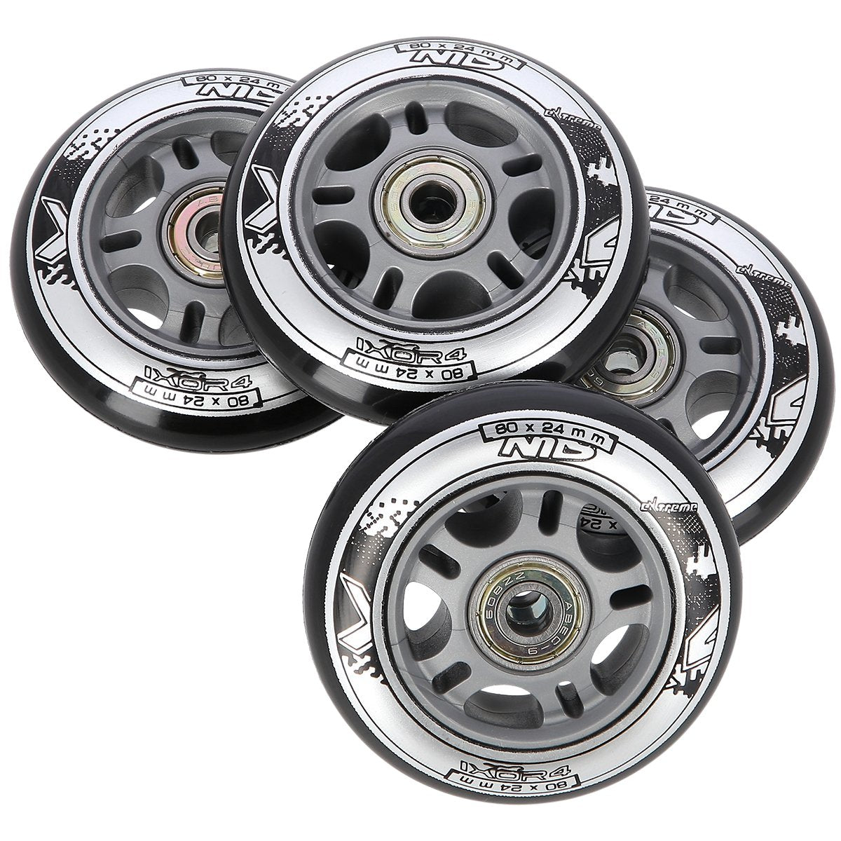Roller Skate Wheels 80x24mm Black, ABEC-9 Bearings Set