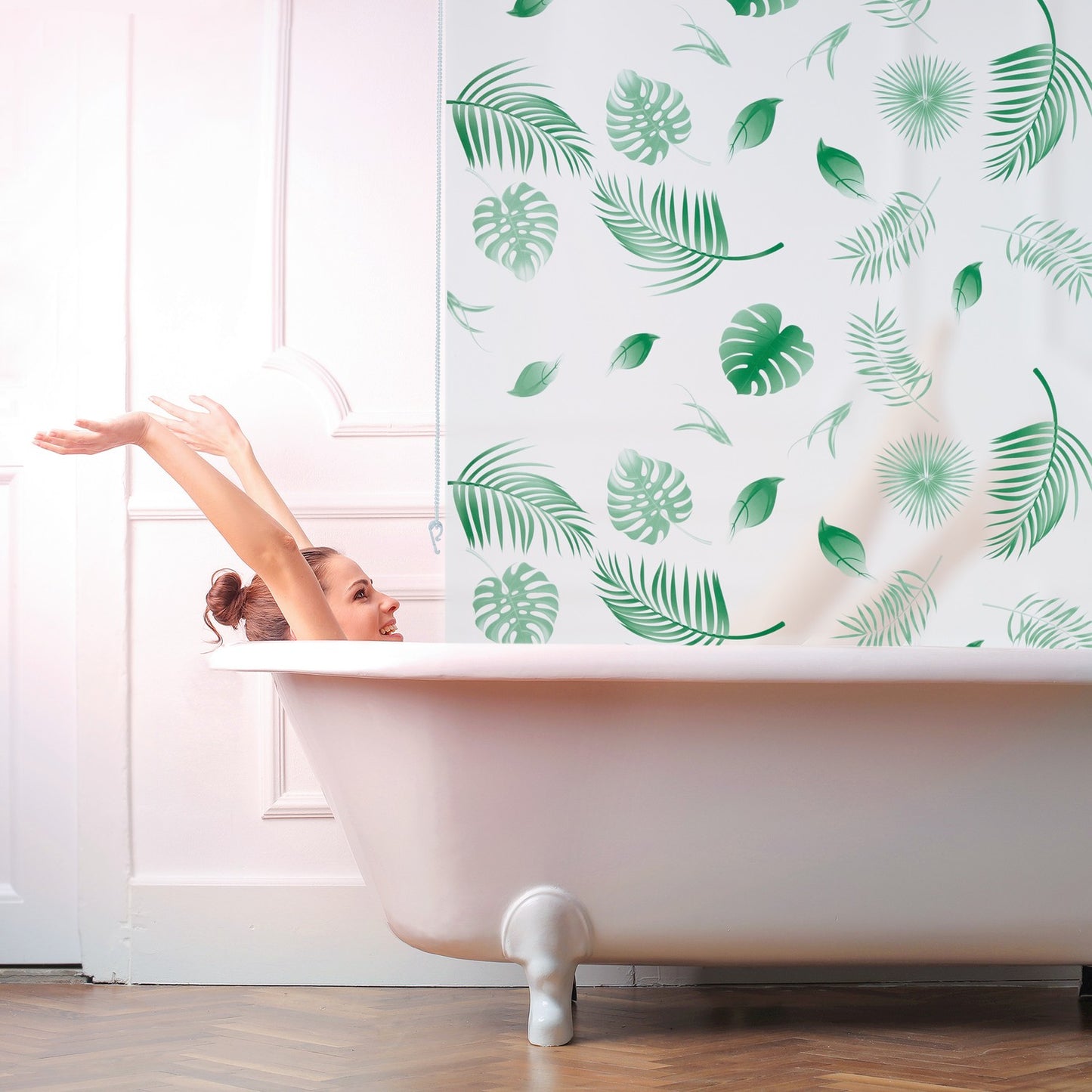 Roller blind for shower Leaves green