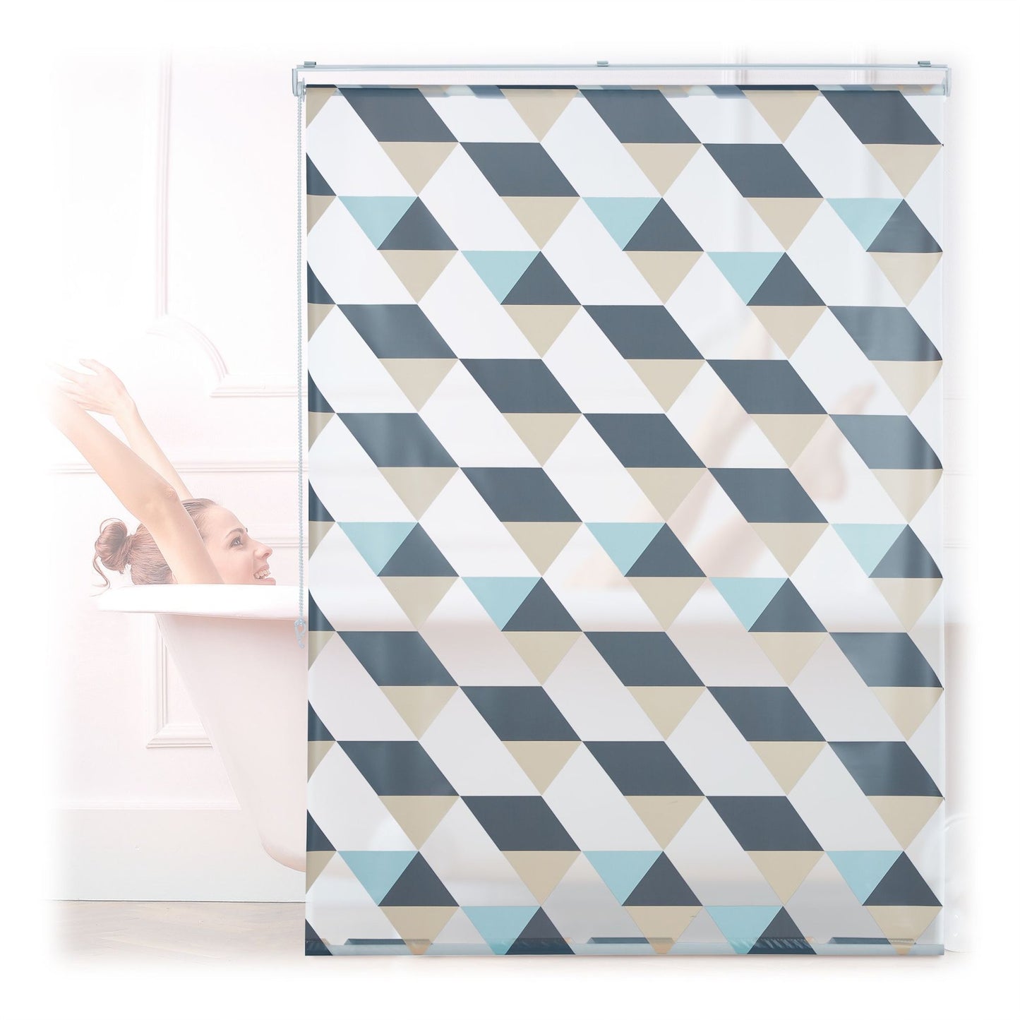 Roller blind for shower with geometric design