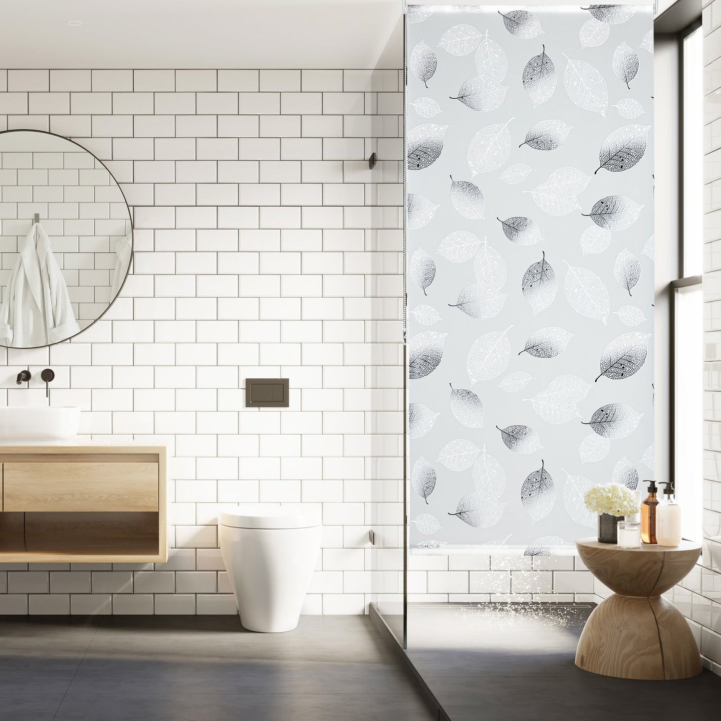 Roller blind for shower with leaf design
