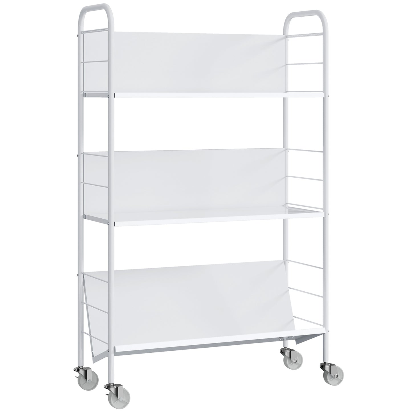 Rolling 3-Tier Metal Bookshelf, 69x26x108 cm, White
