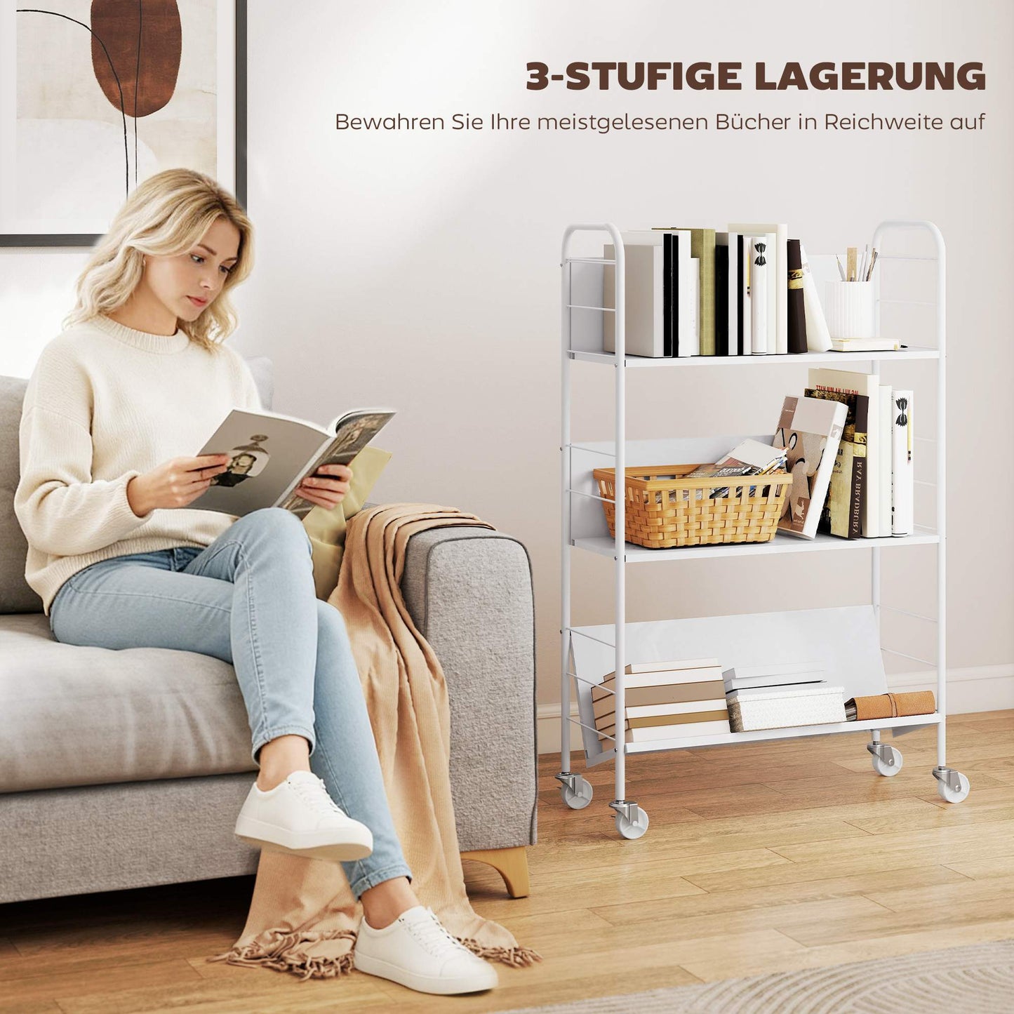 Rolling 3-Tier Metal Bookshelf, 69x26x108 cm, White